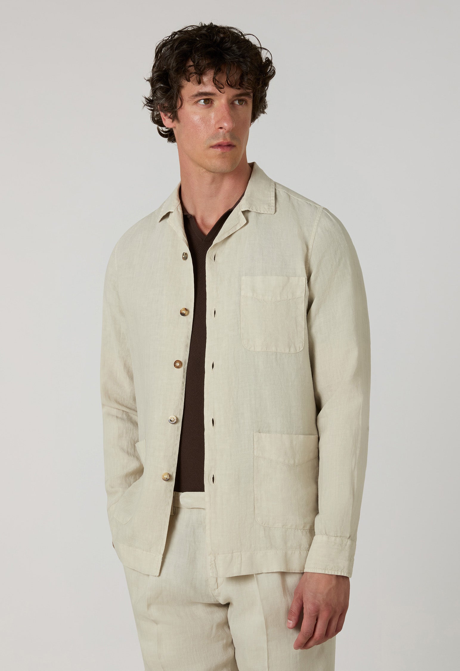 Beige Garment Dyed Linen Painter Overshirt