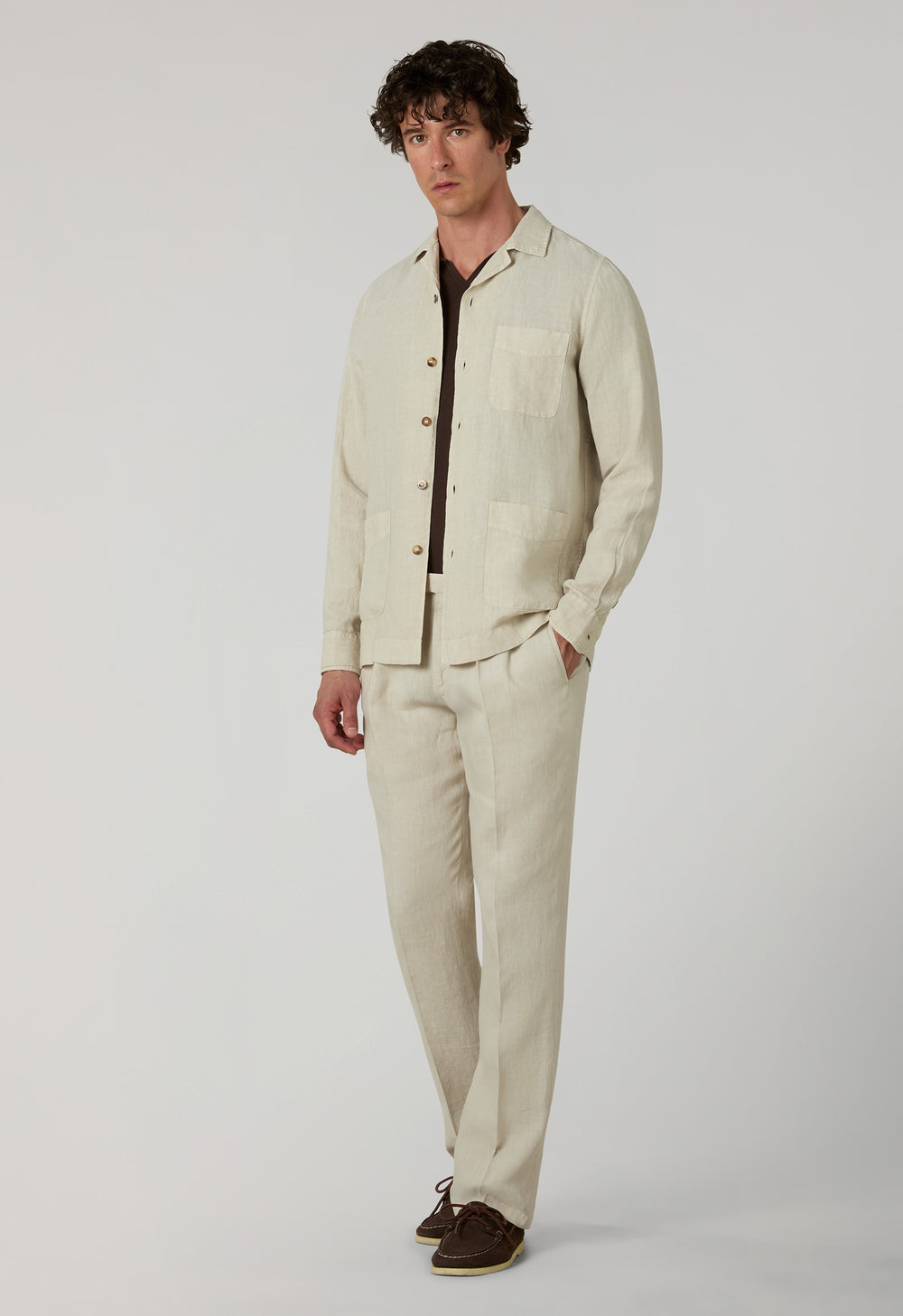Beige Garment Dyed Linen Painter Overshirt