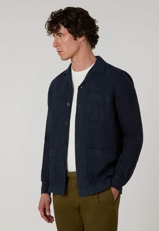 Blaues stückgefärbtes Painter-Overshirt aus Leinen