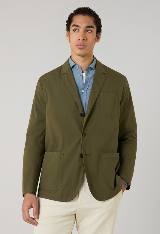 Grüne Khaki-Jacke aus stückgefärbtem Papier-Popeline