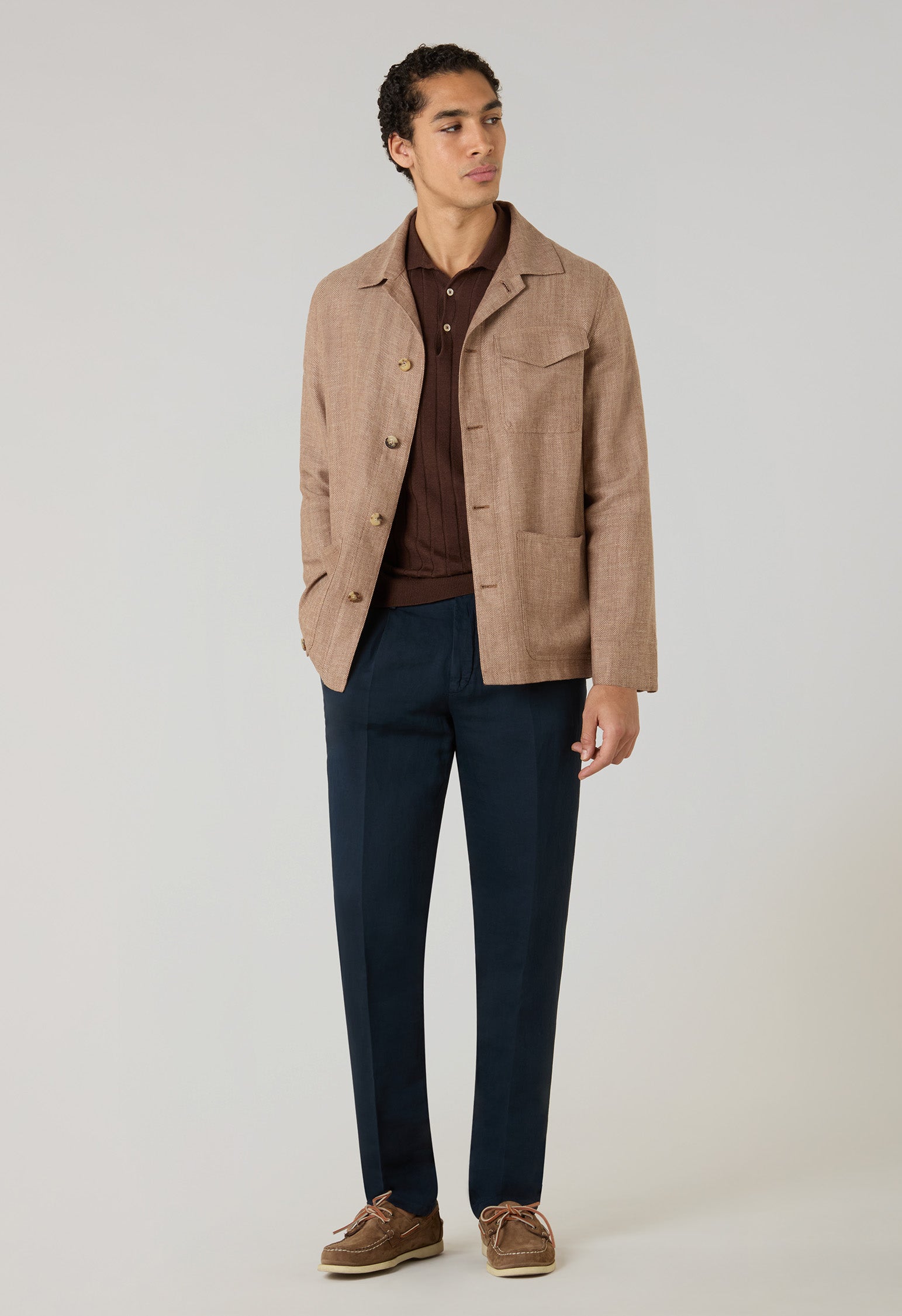 Giacca Workwear in lino e lana a spina di pesce marrone chiaro