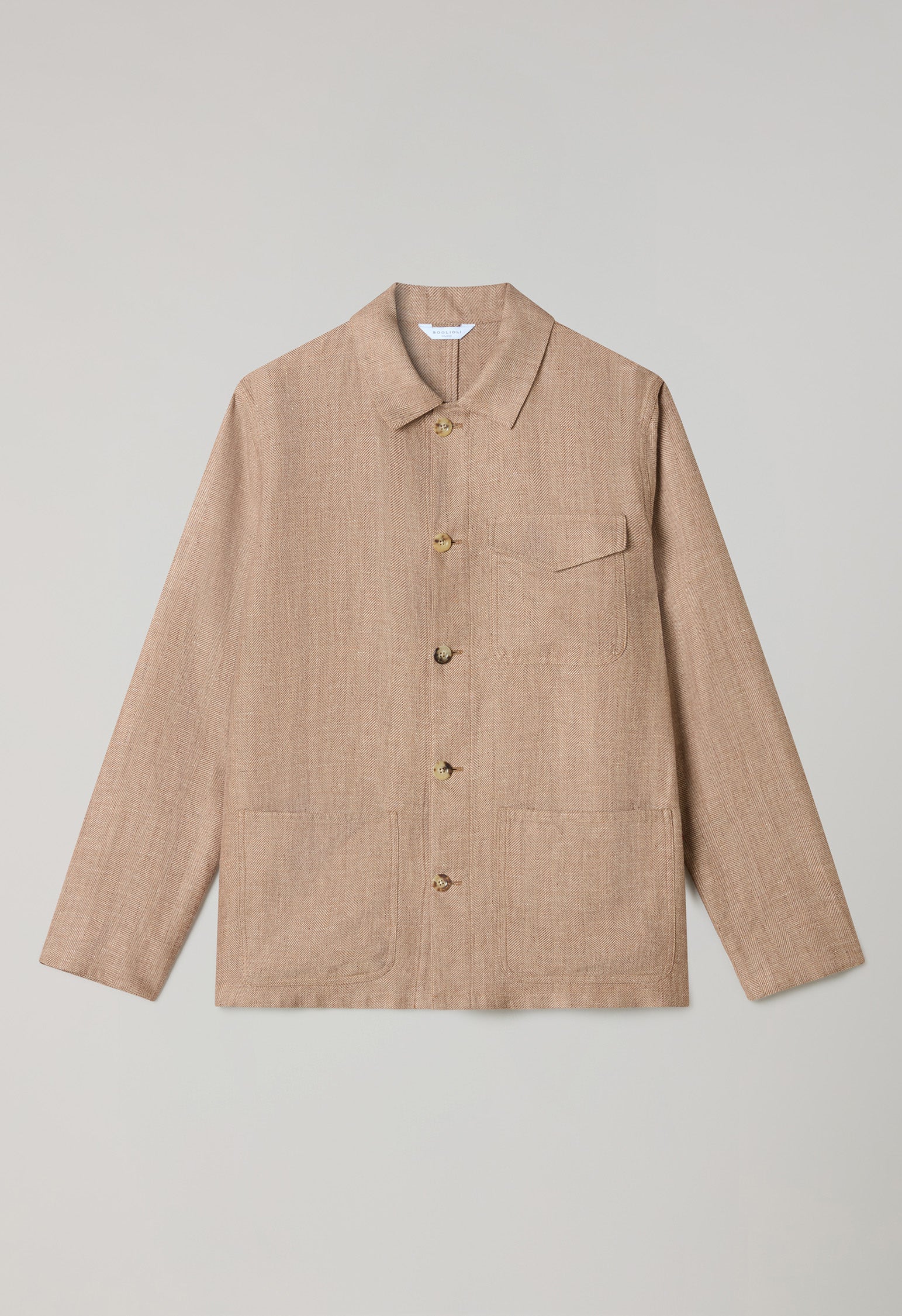 Giacca Workwear in lino e lana a spina di pesce marrone chiaro