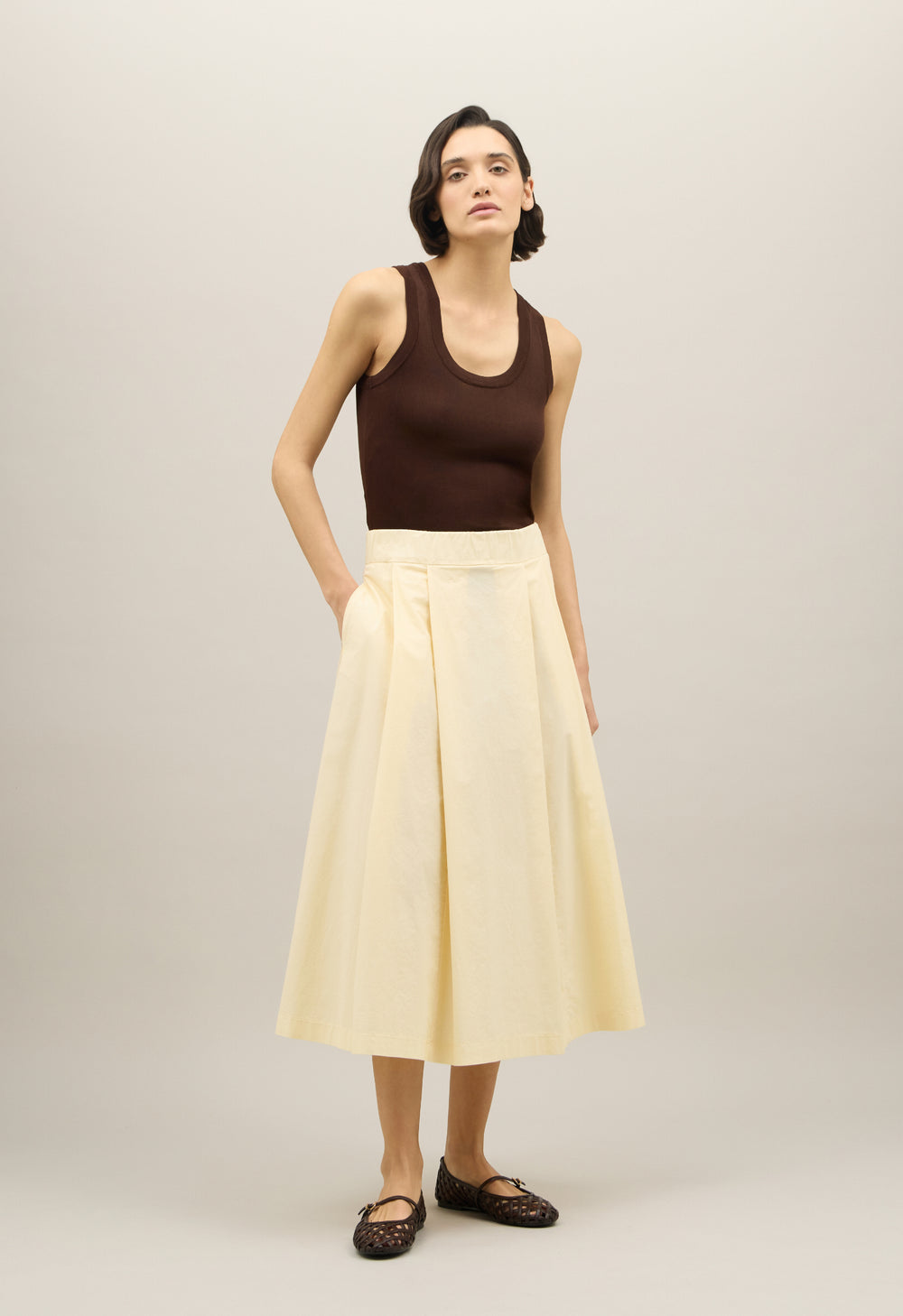 Yellow Light Popeline pleated Skirt