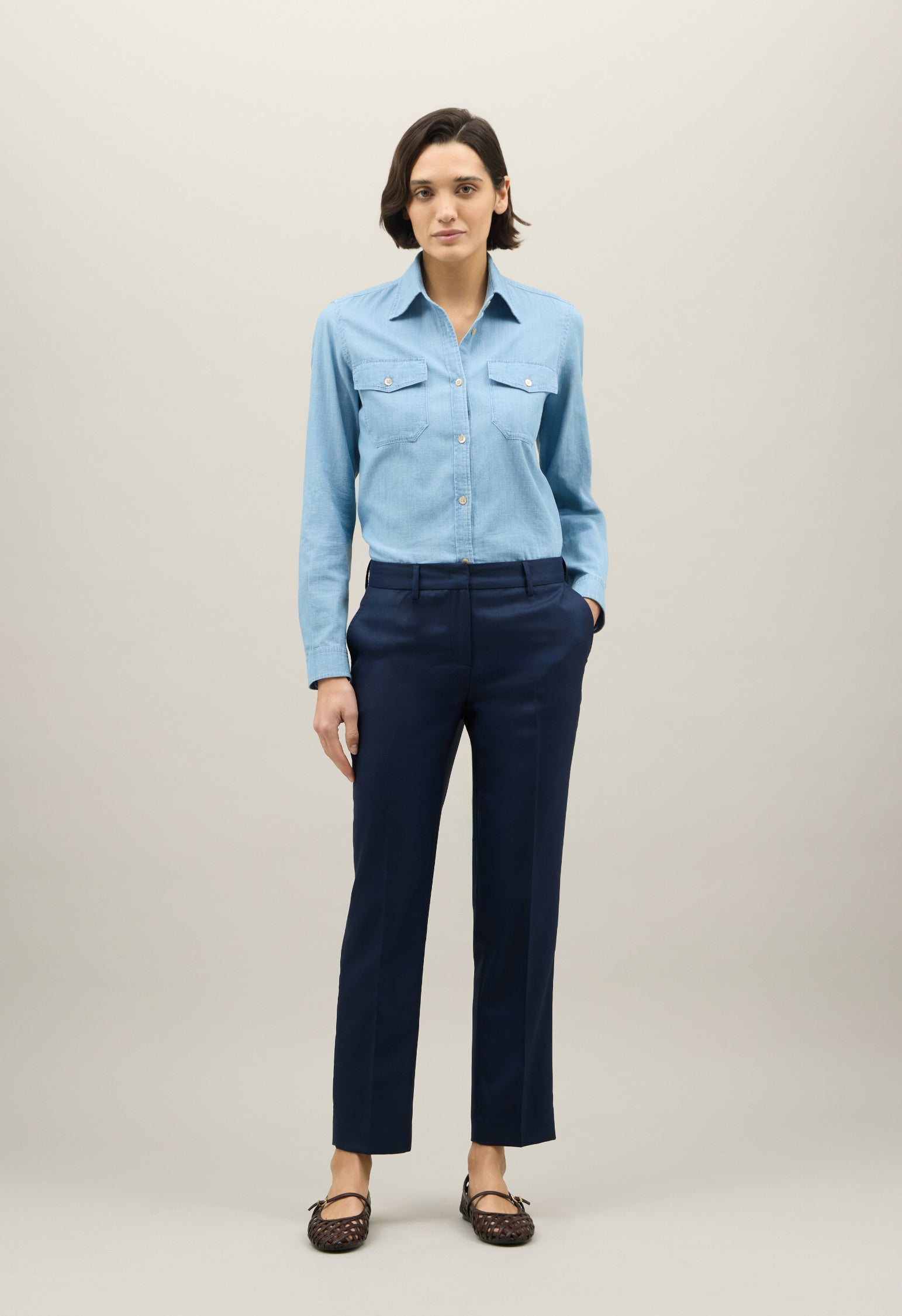 Pantalone straight in twill di lana blu