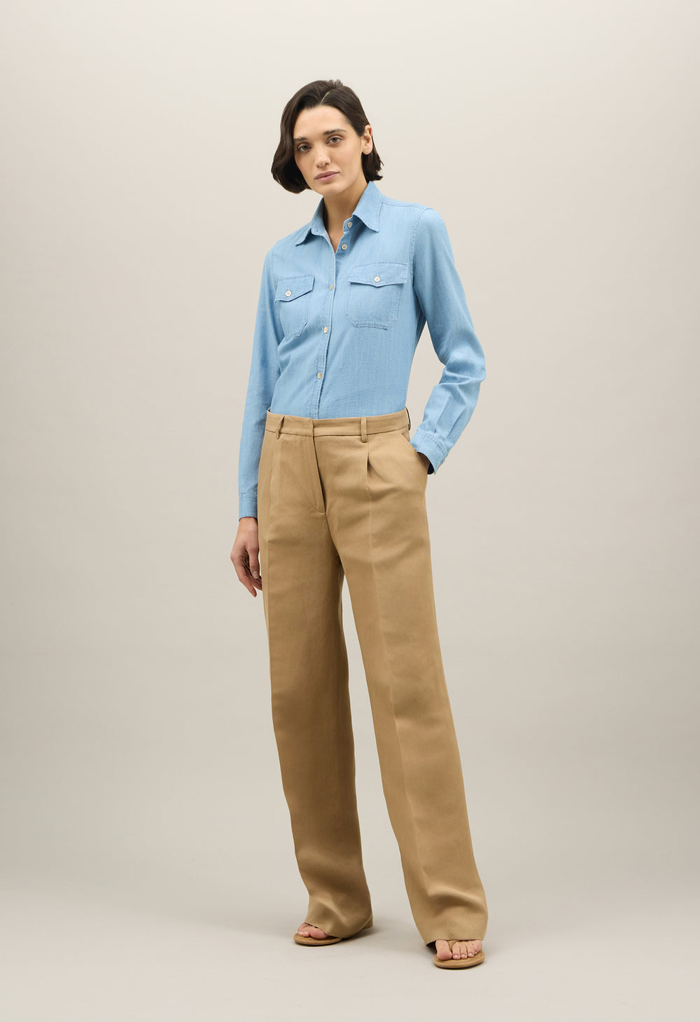 Beige Linen Tencel satin Palazzo Trousers