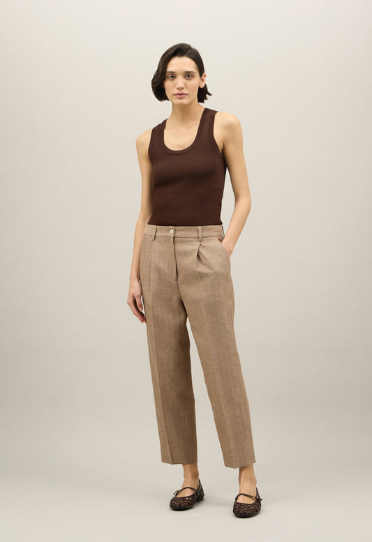 Pantalone cropped in misto lino a spina di pesce marrone