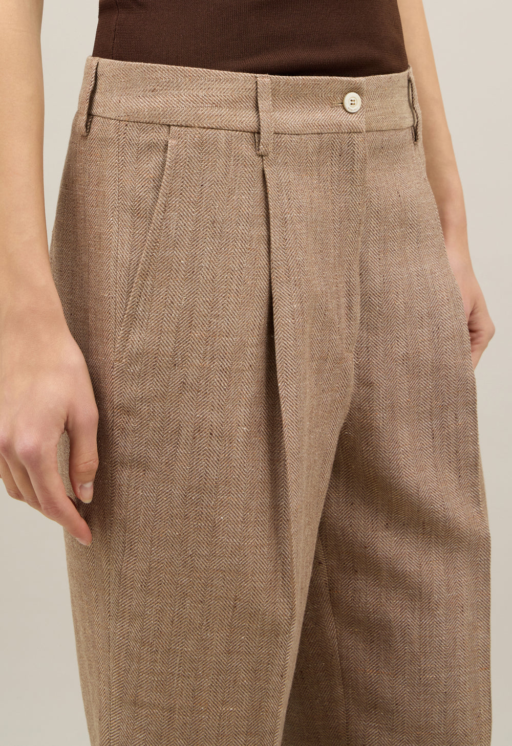 Brown Linen blend herringbone Cropped Trousers