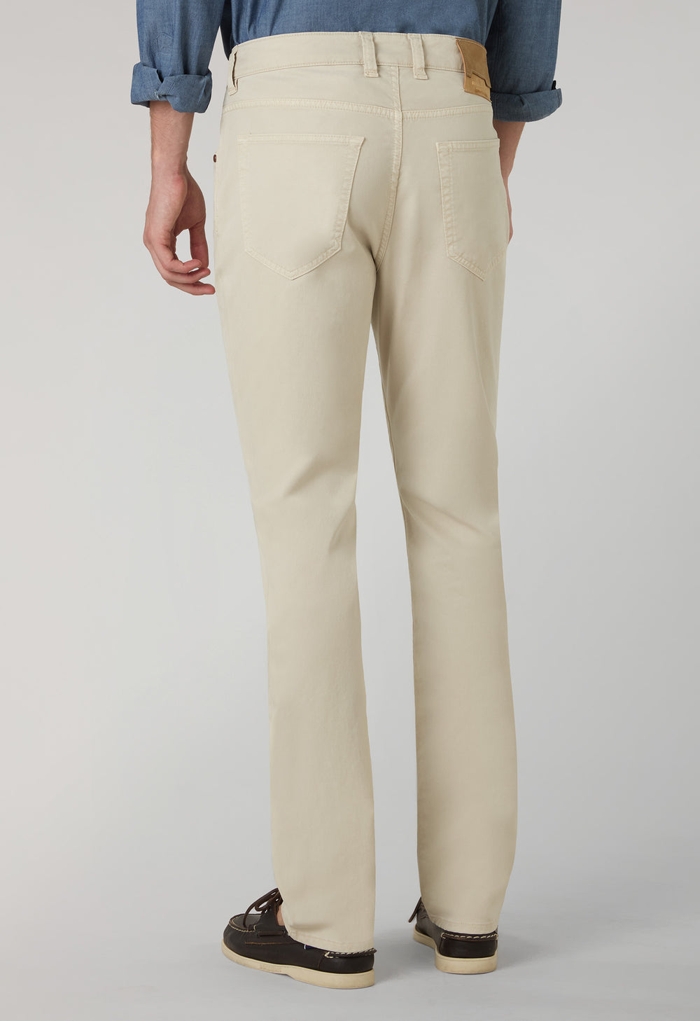 Beige Garment Dyed Cotton Silk 5-Pocket Trousers