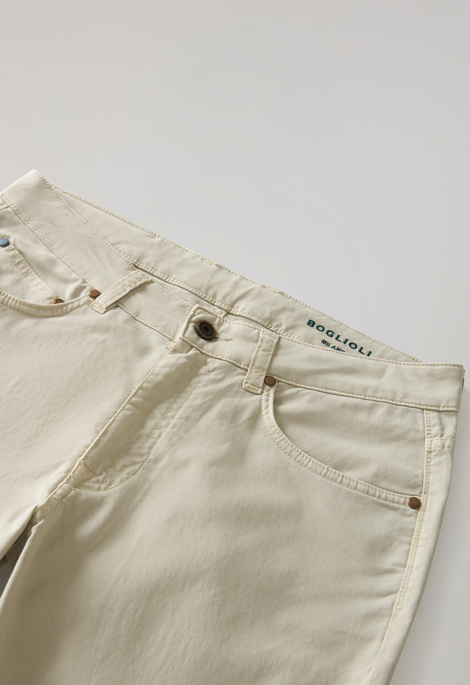 Beige Garment Dyed Cotton Silk 5-Pocket Trousers