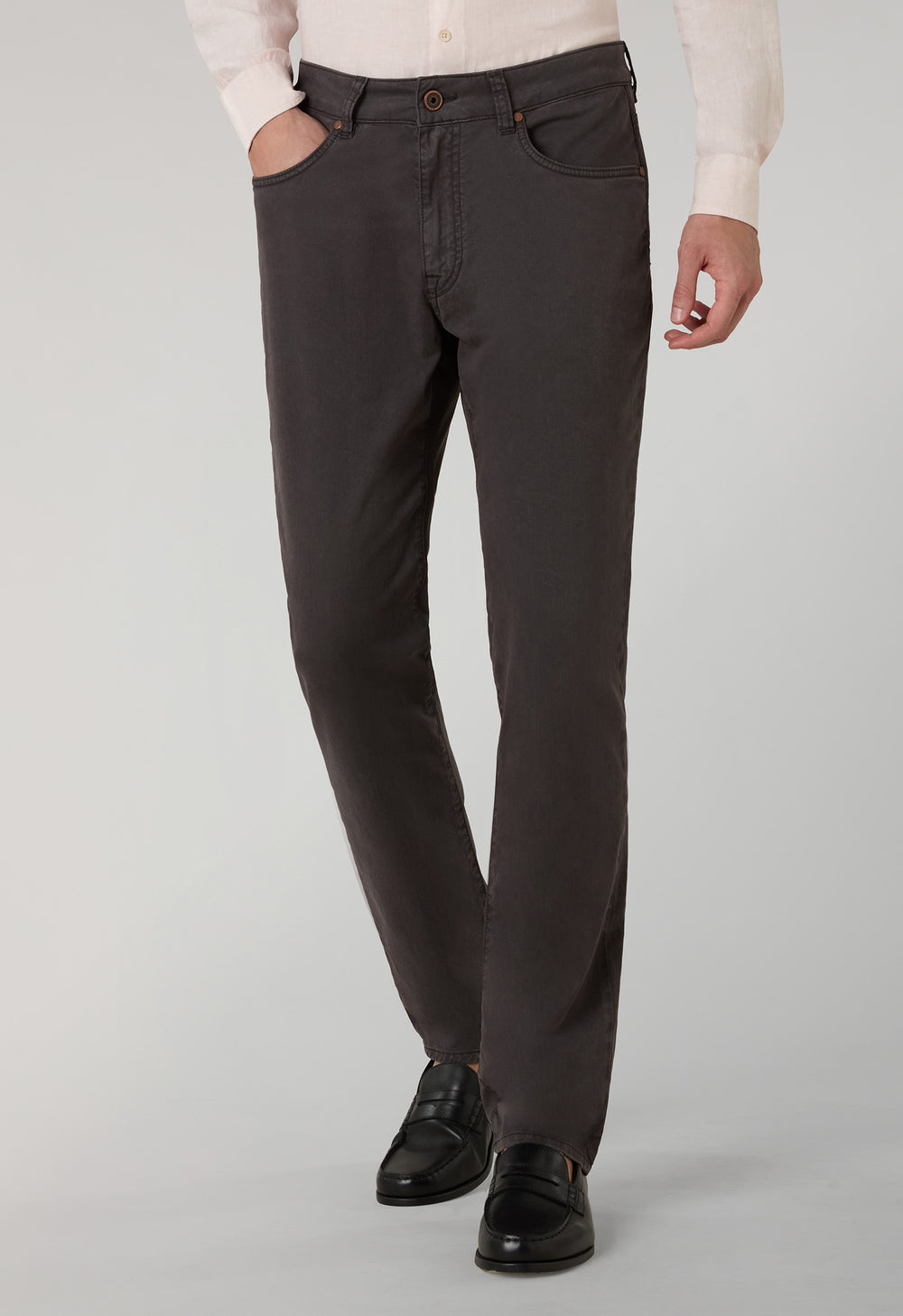 Brown Garment Dyed Cotton Silk 5-Pocket Trousers