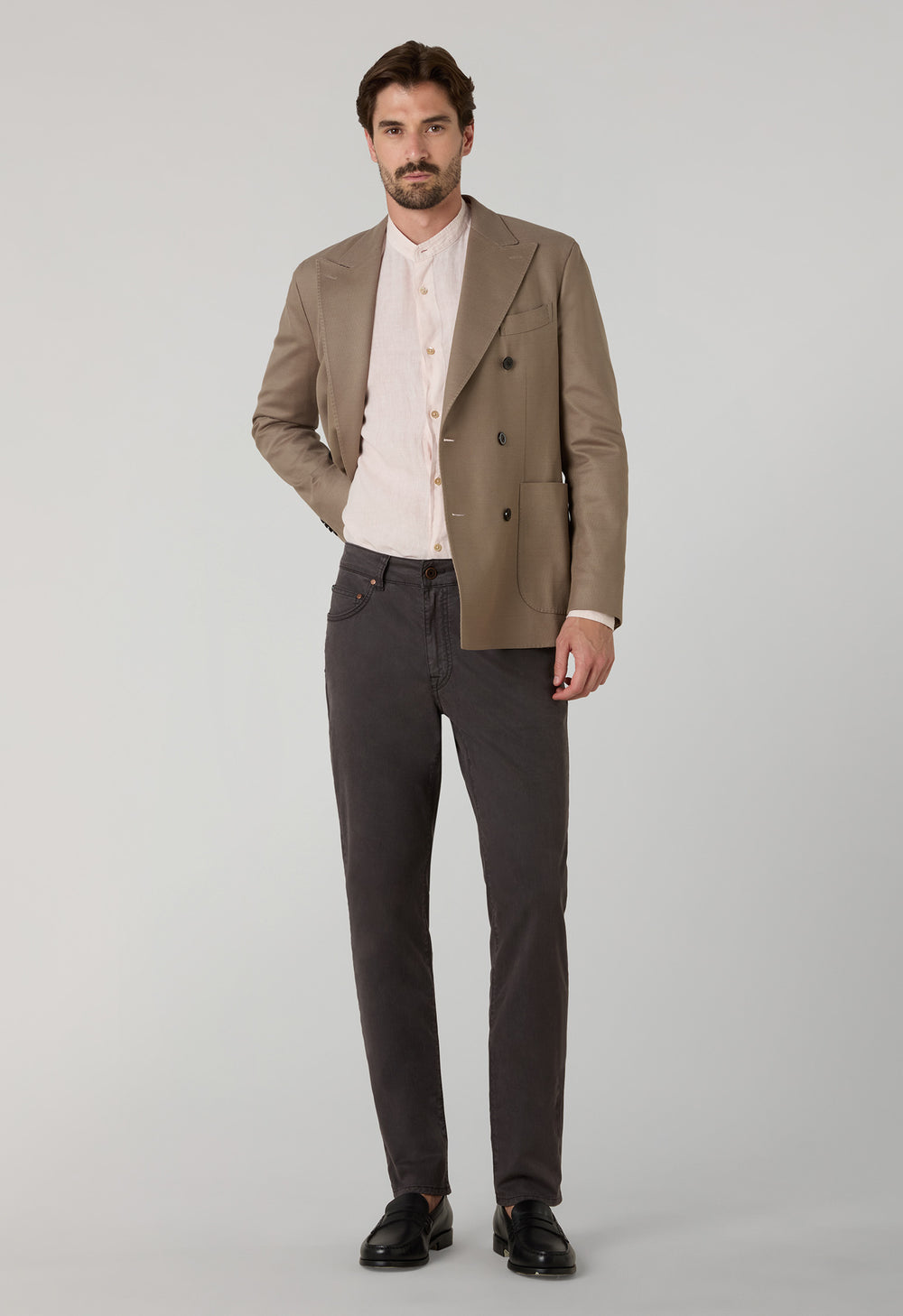 Brown Garment Dyed Cotton Silk 5-Pocket Trousers