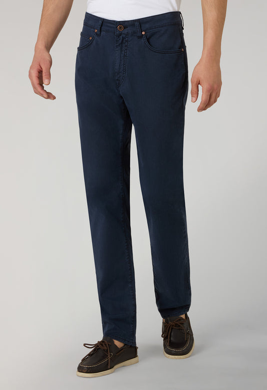Blue Garment Dyed Cotton Silk 5-Pocket Trousers