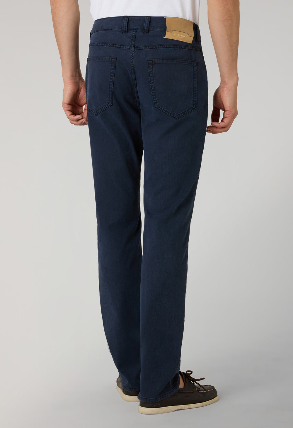 Blue Garment Dyed Cotton Silk 5-Pocket Trousers