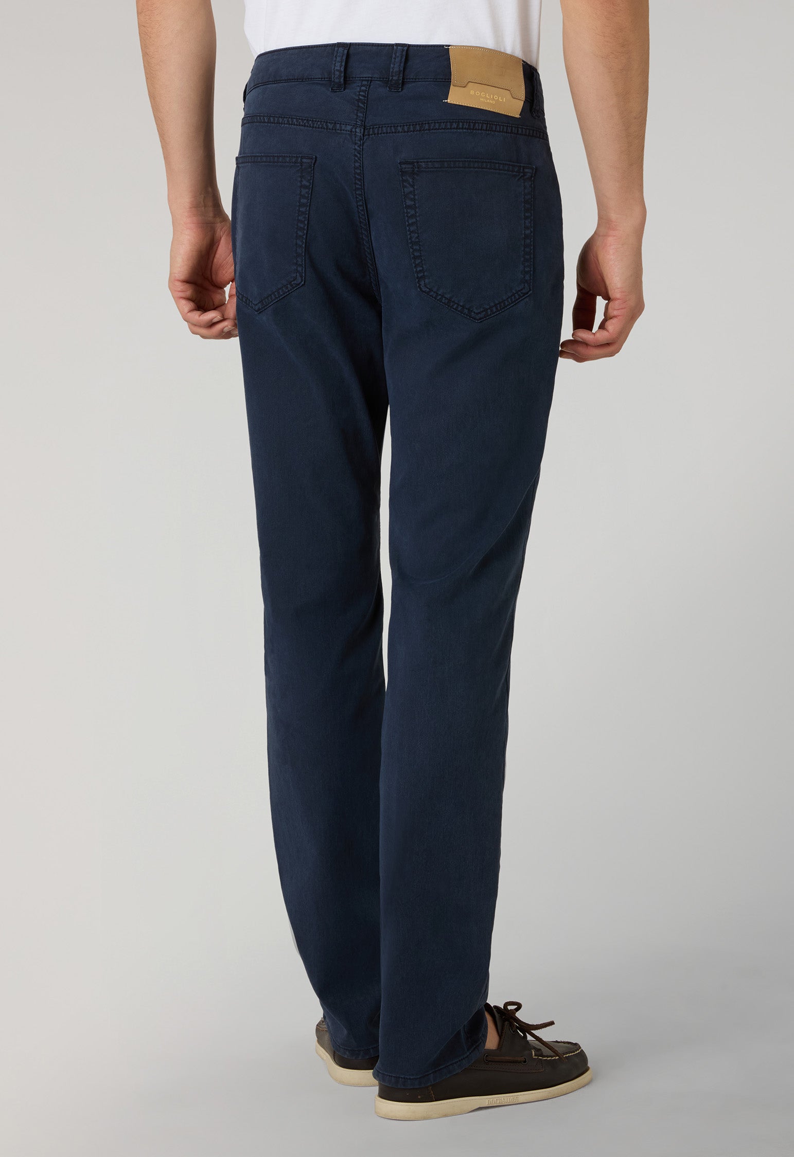 Blue Garment Dyed Cotton Silk 5-Pocket Trousers