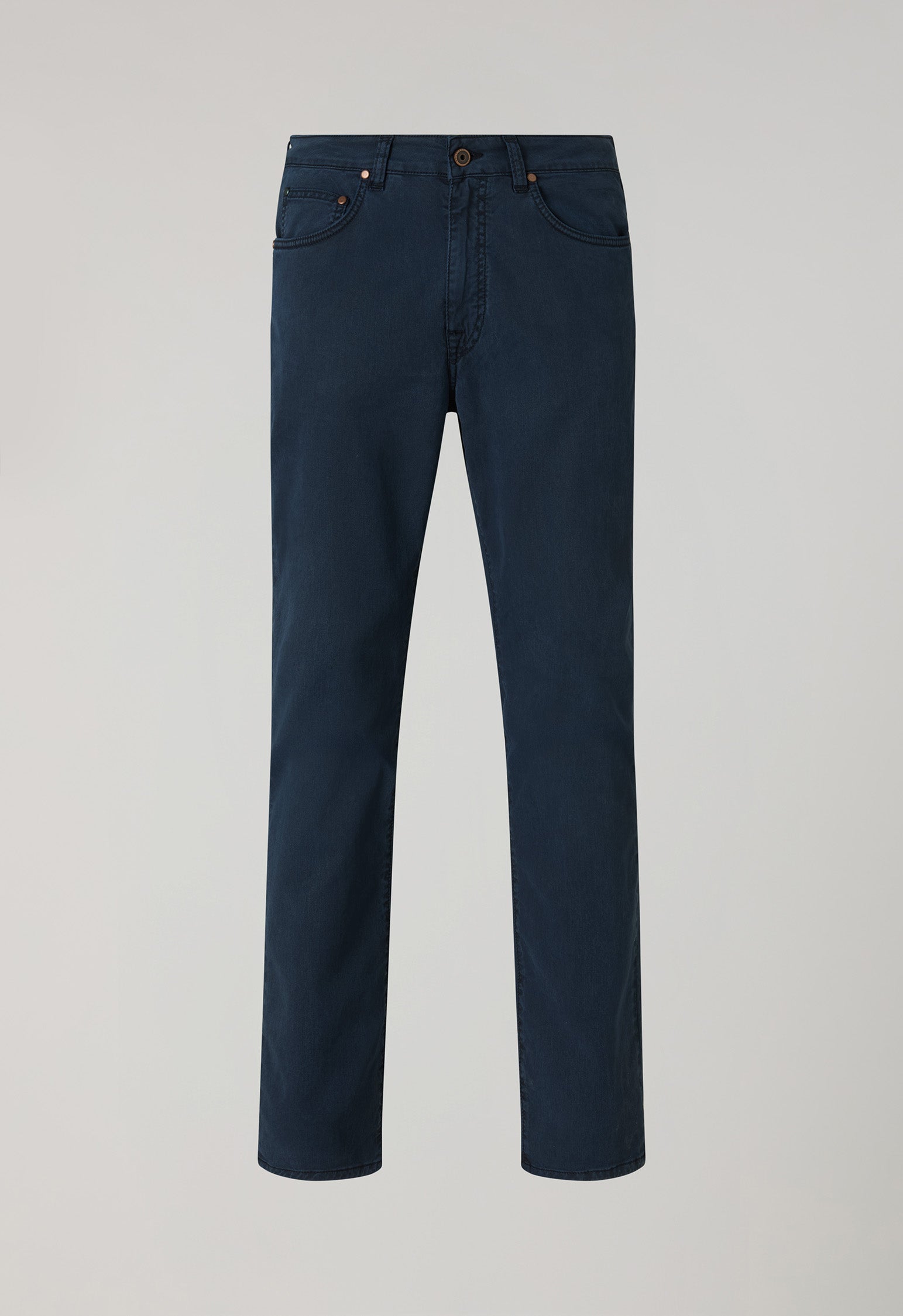 Blue Garment Dyed Cotton Silk 5-Pocket Trousers