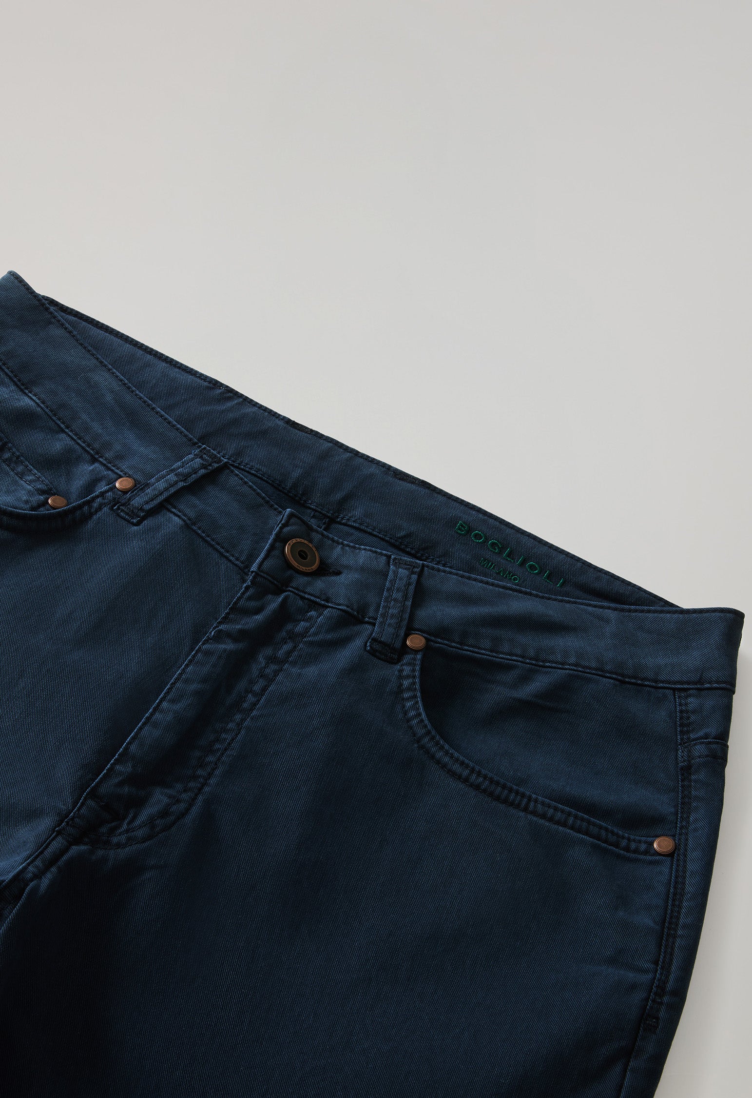 Blue Garment Dyed Cotton Silk 5-Pocket Trousers