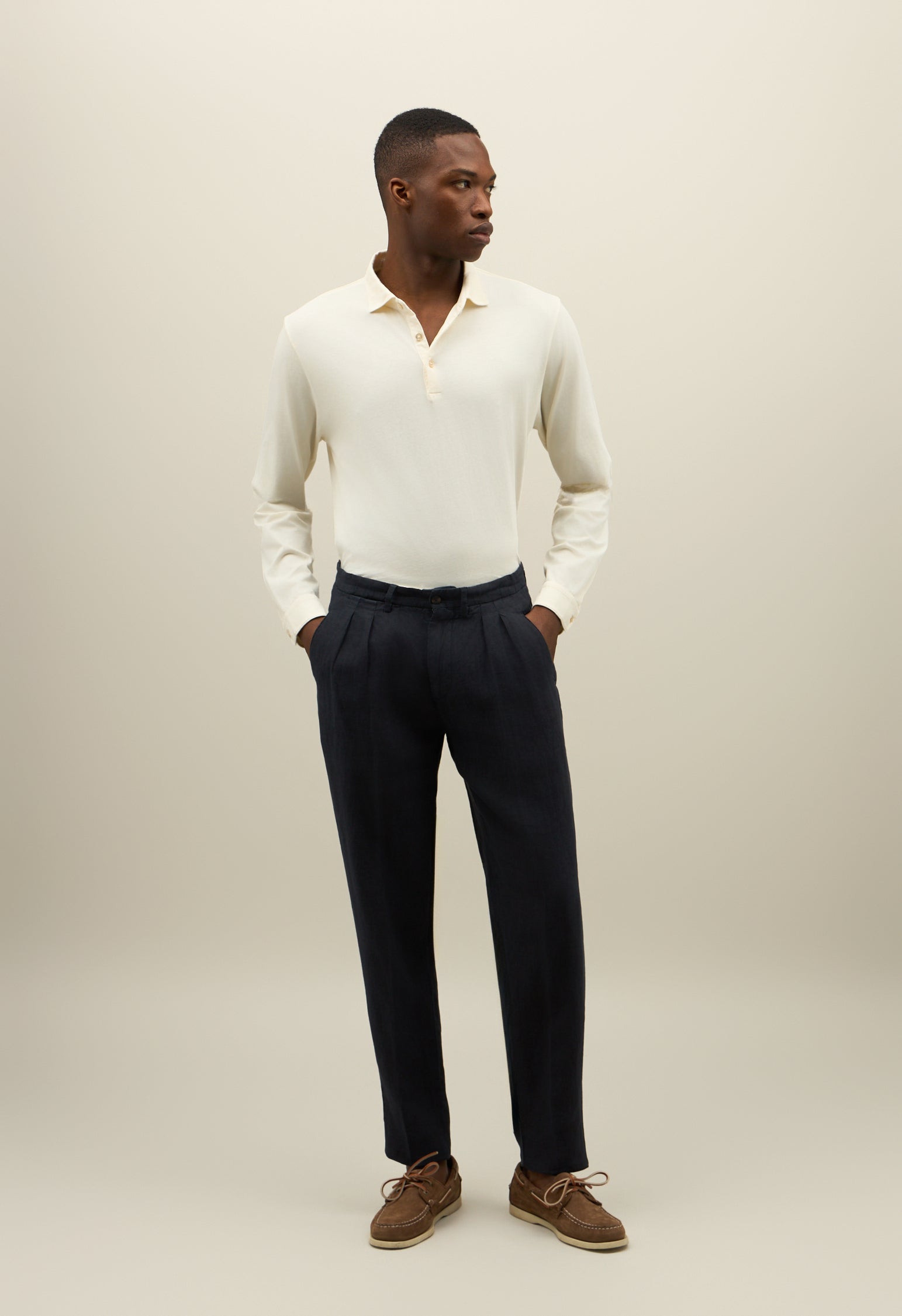 Blue Garment Dyed Linen two pleated Trousers