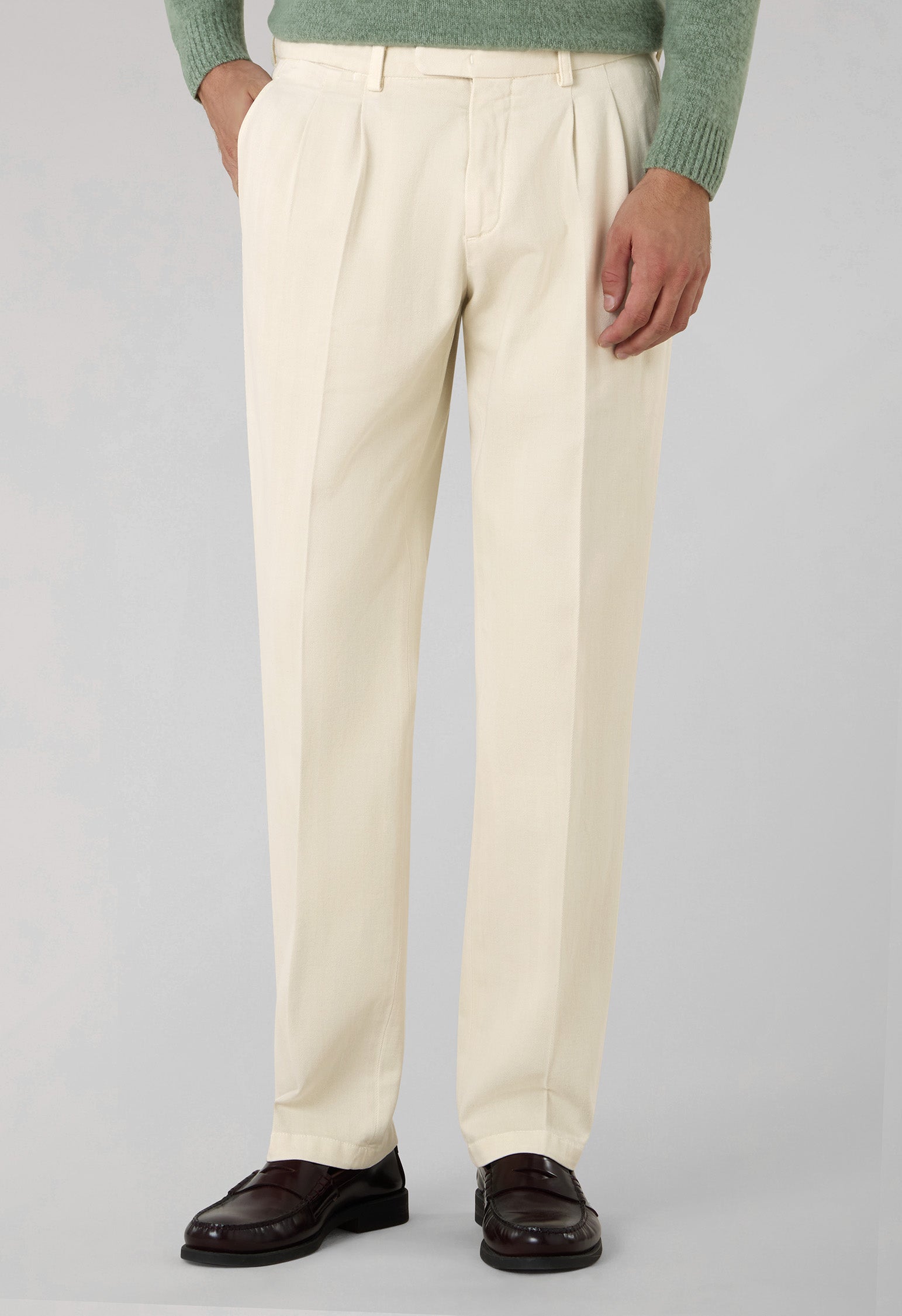 White Garment Dyed Cotton Herringbone Napoli Trousers