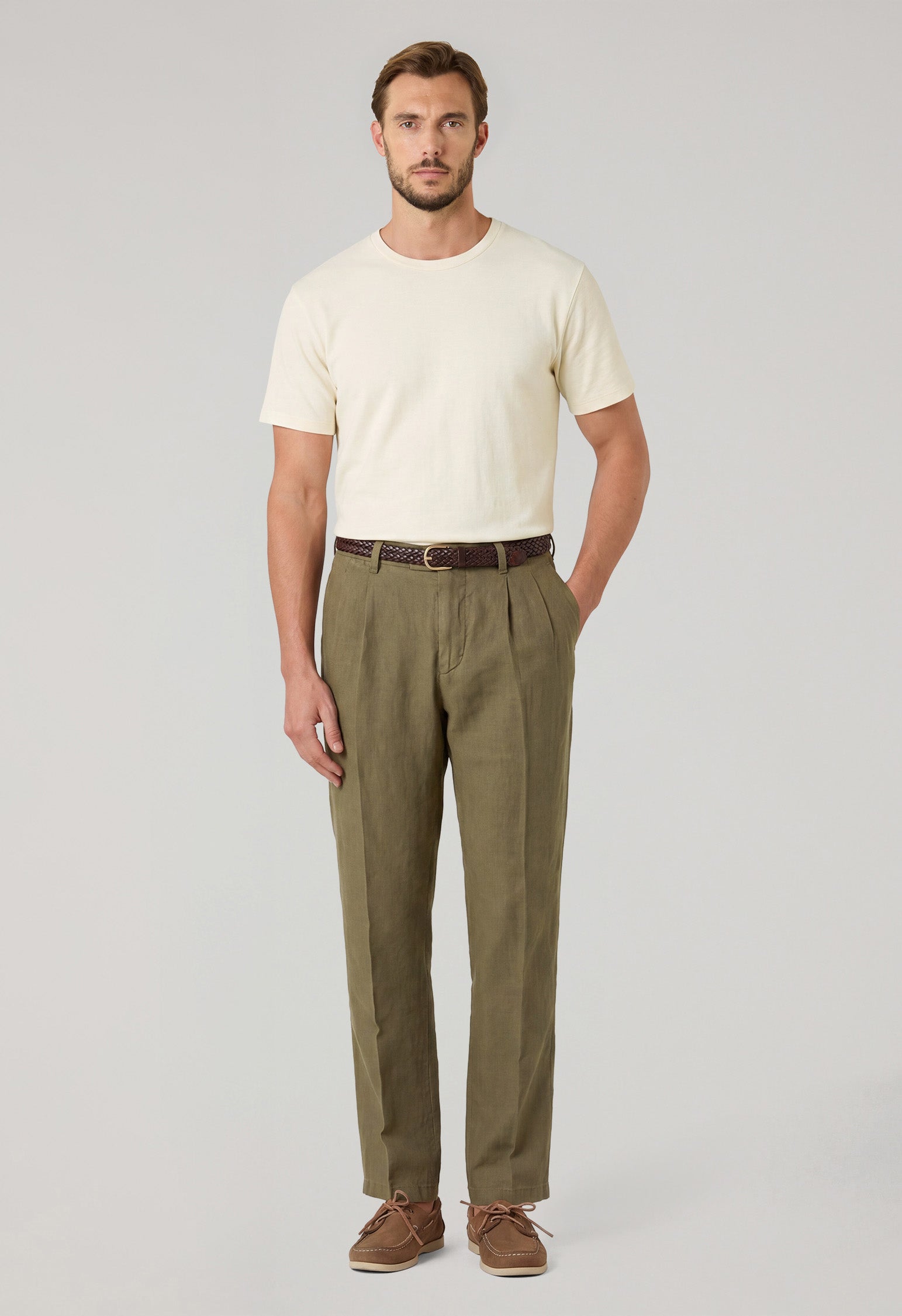 Khaki Garment Dyed Linen Napoli Trousers
