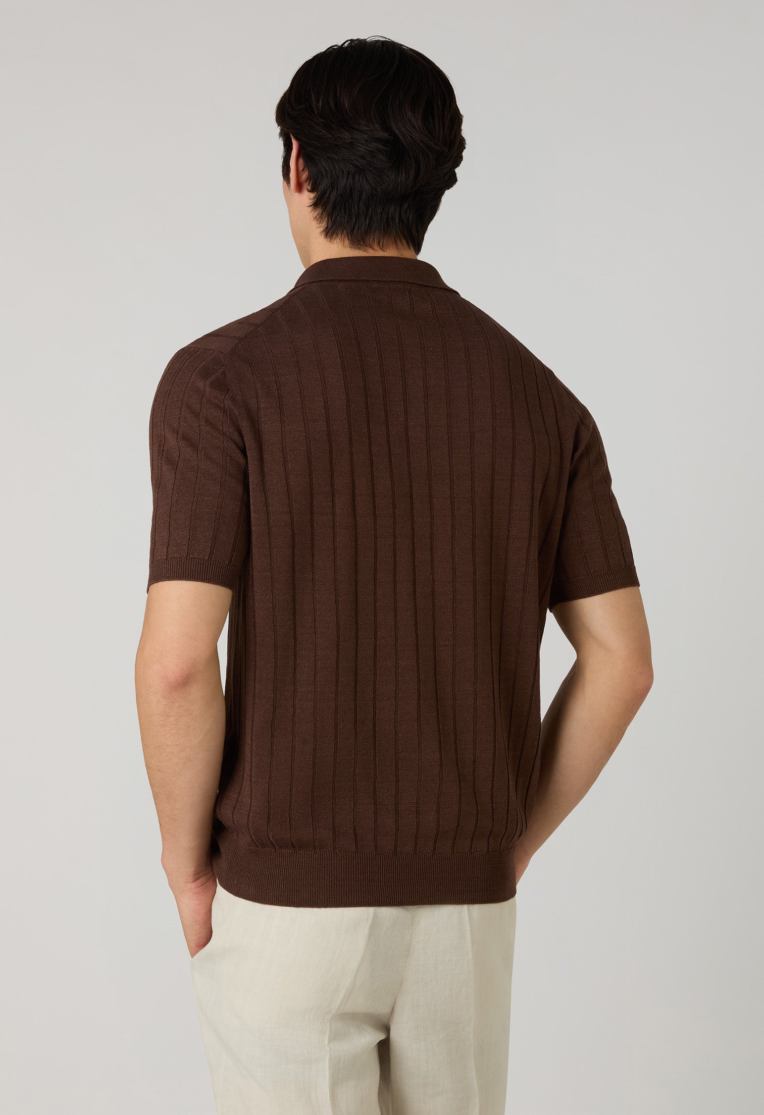 Brown Linen Cotton Flat Rib Short-Sleeve Polo