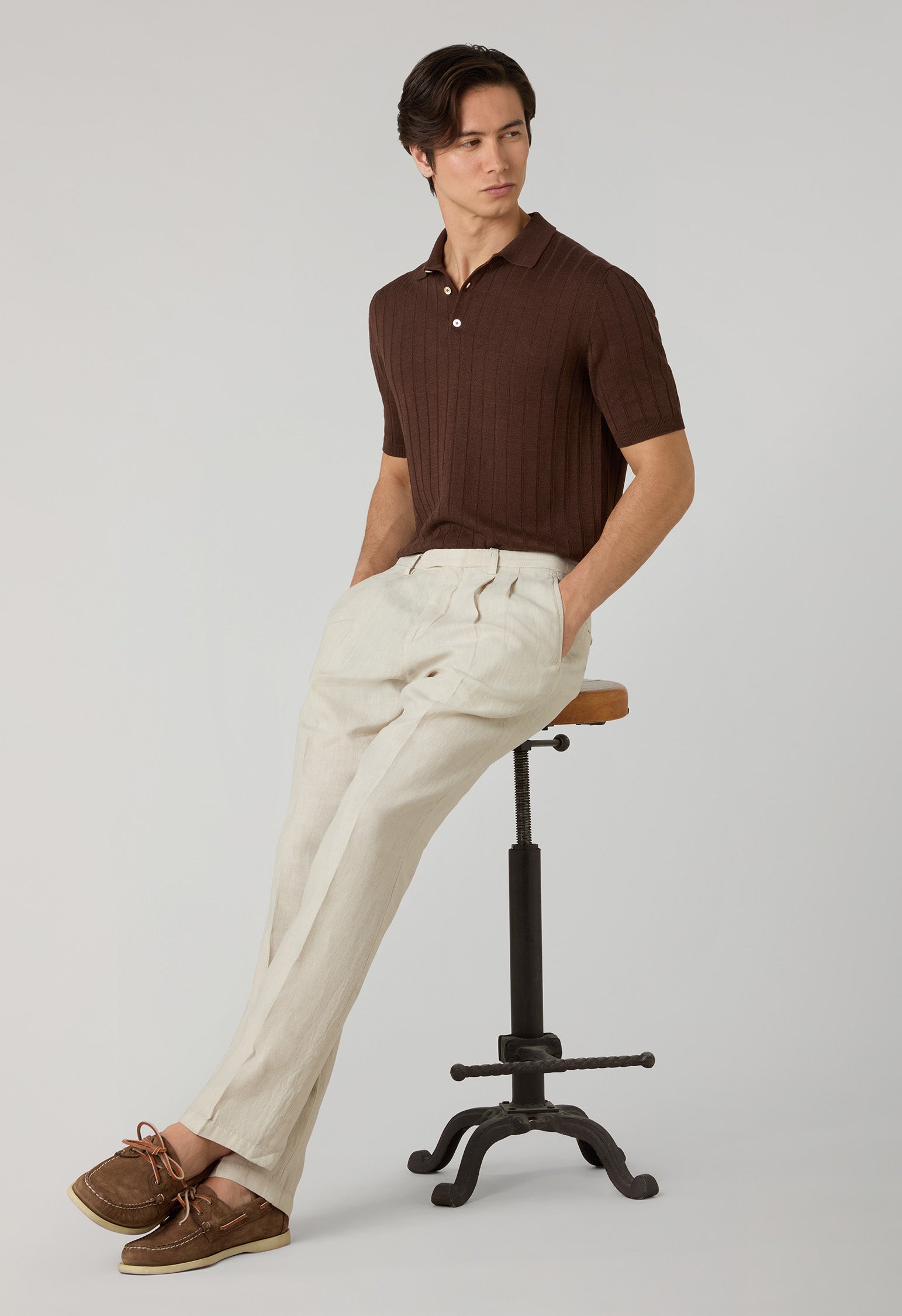 Brown Linen Cotton Flat Rib Short-Sleeve Polo