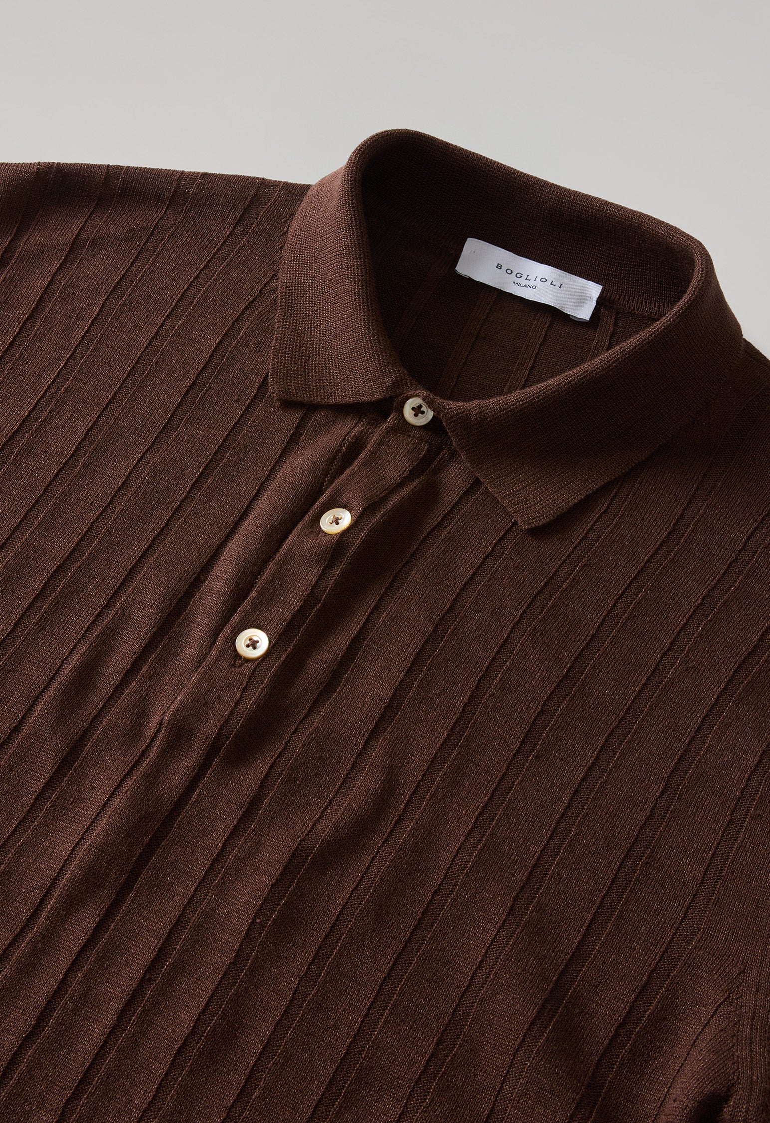 Brown Linen Cotton Flat Rib Short-Sleeve Polo