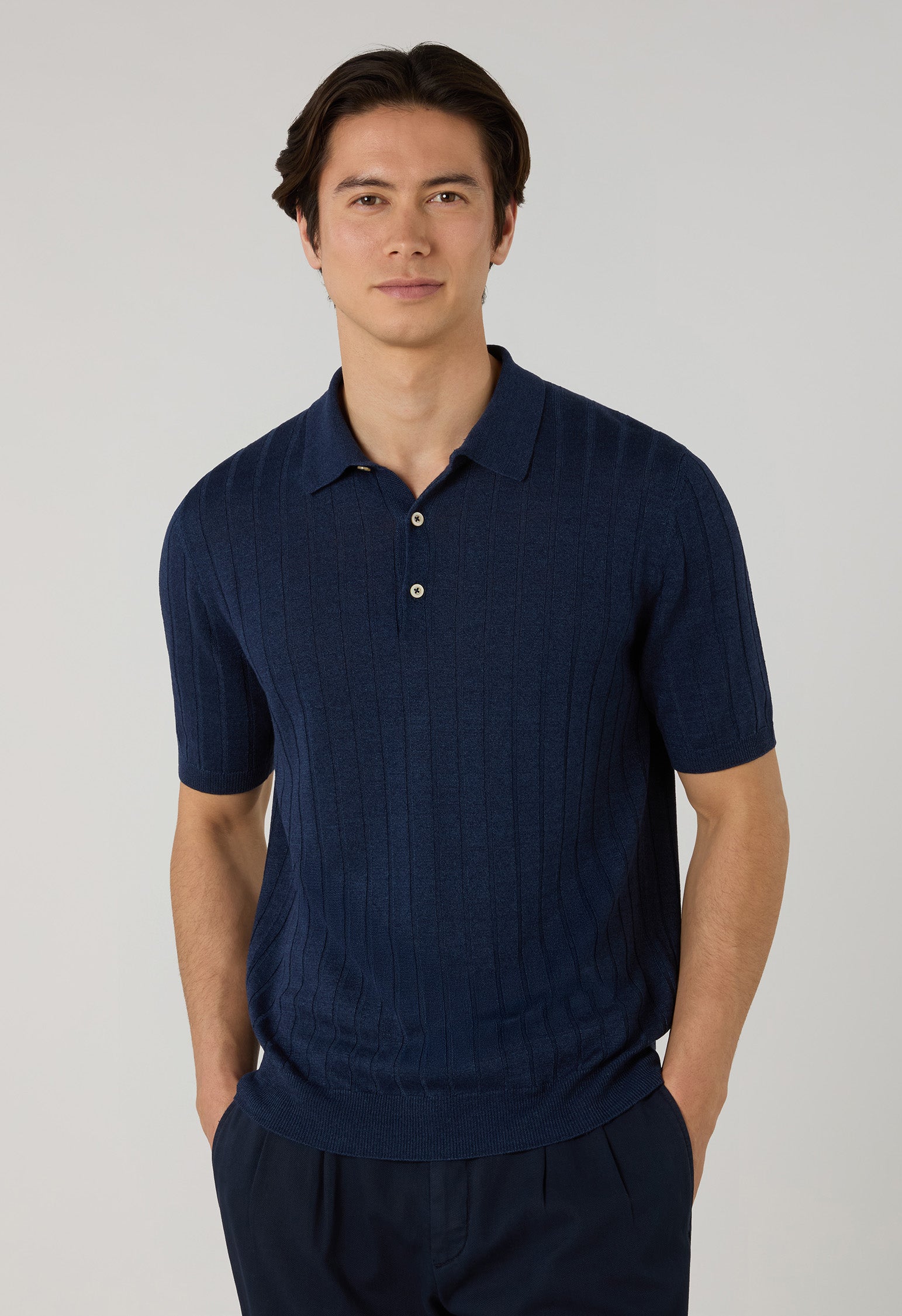 Blue Linen Cotton Flat Rib Short-Sleeve Polo