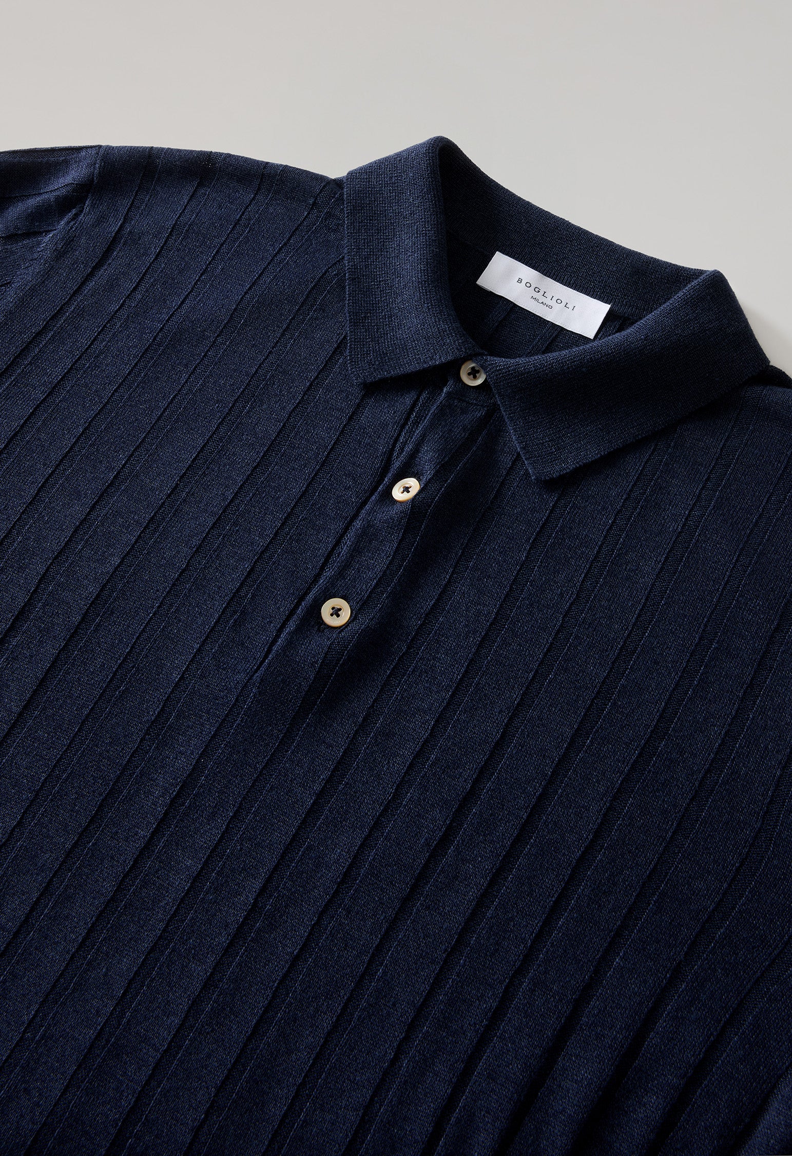 Blue Linen Cotton Flat Rib Short-Sleeve Polo