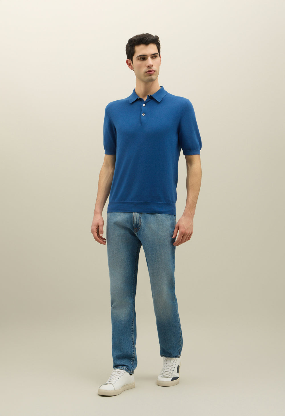 Blue Garment Dyed Cotton Short-Sleeve Polo