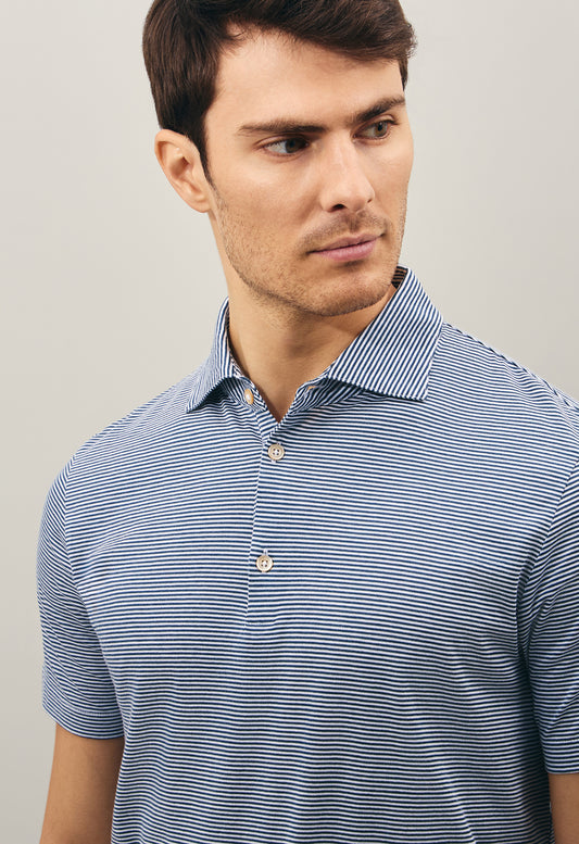 Blaues Gestreiftes Kurzarm-Poloshirt aus Baumwolle