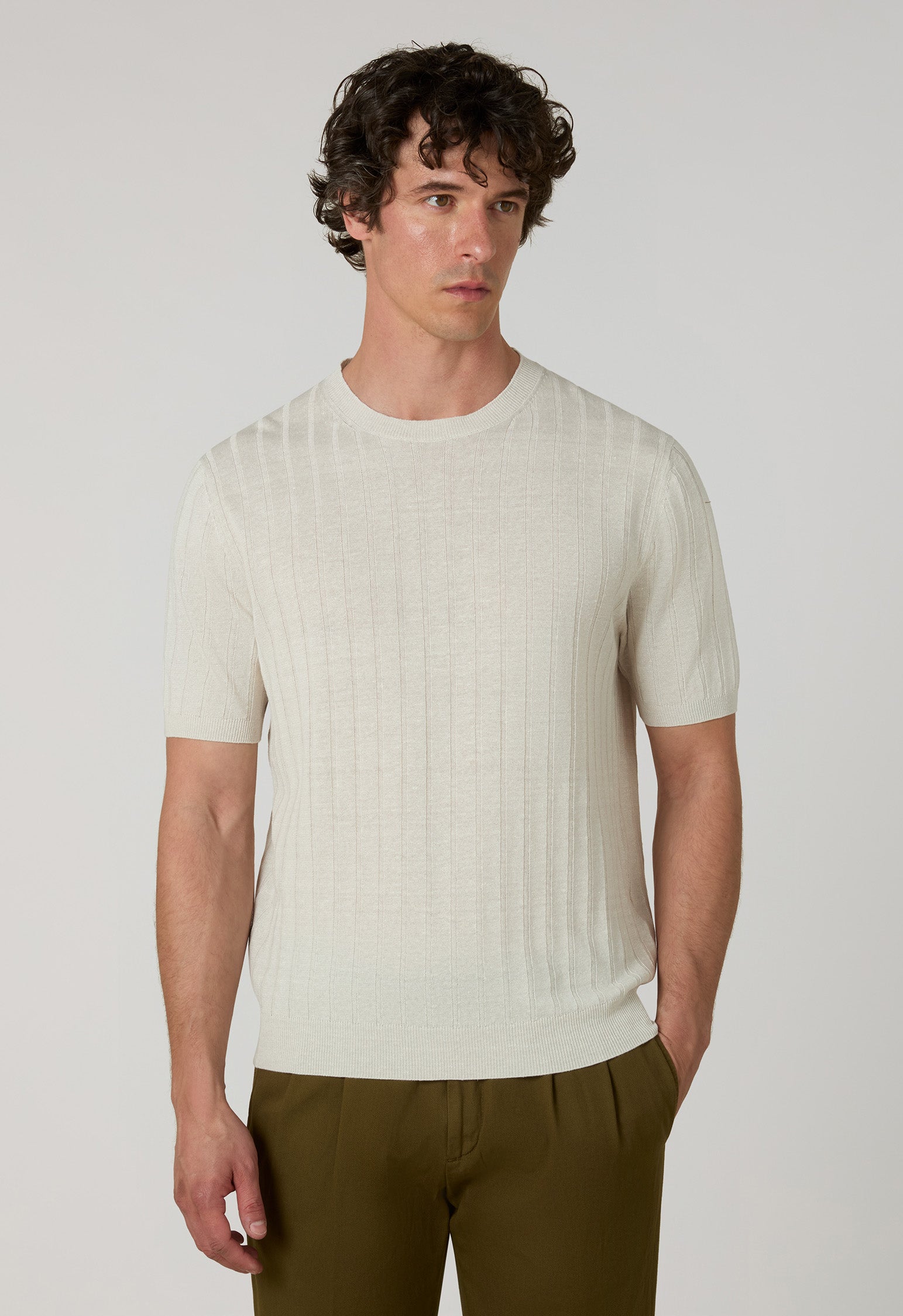 T-Shirt in lino e cotone a coste piatte bianco caldo
