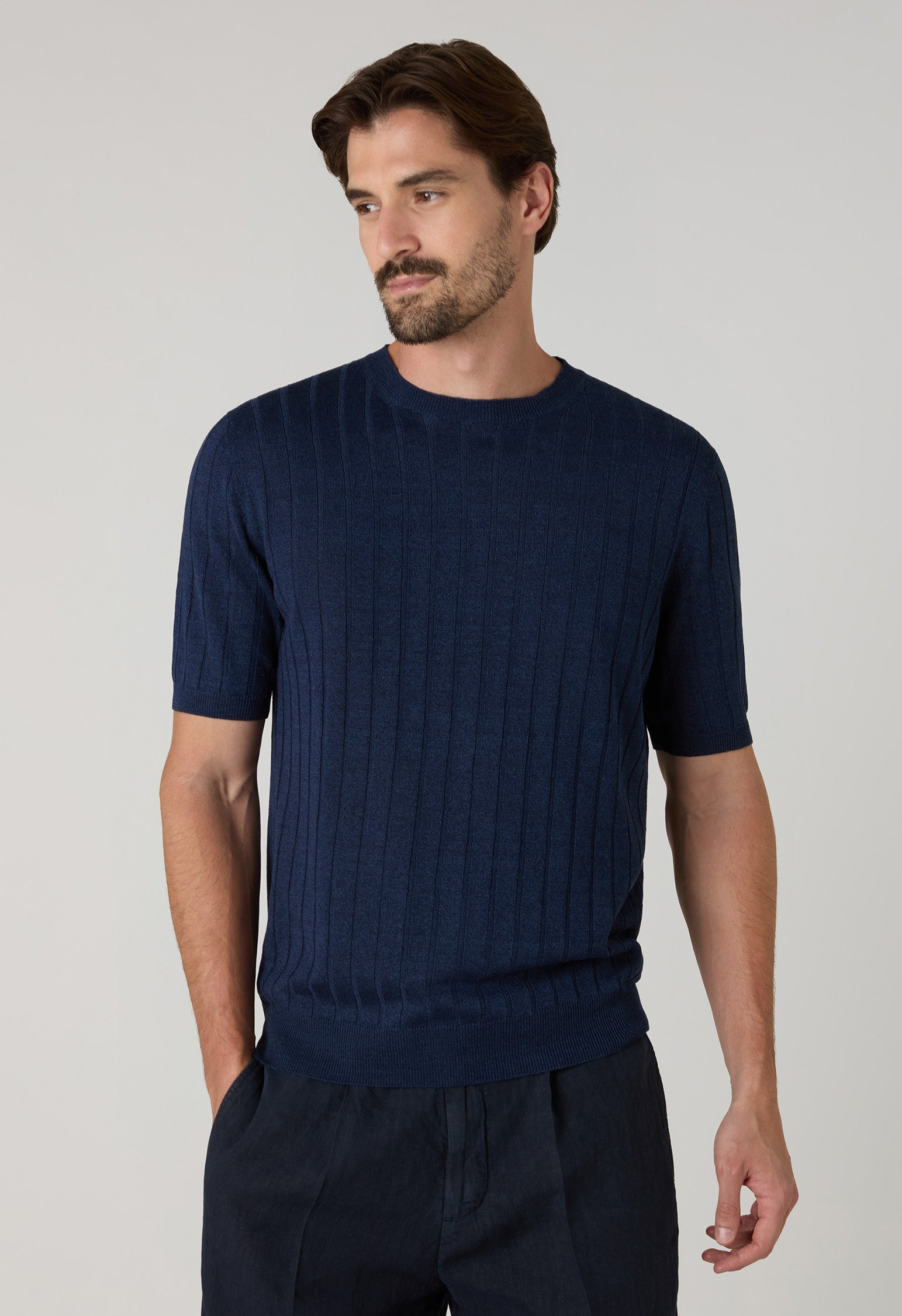 T-Shirt in lino e cotone a coste piatte blu