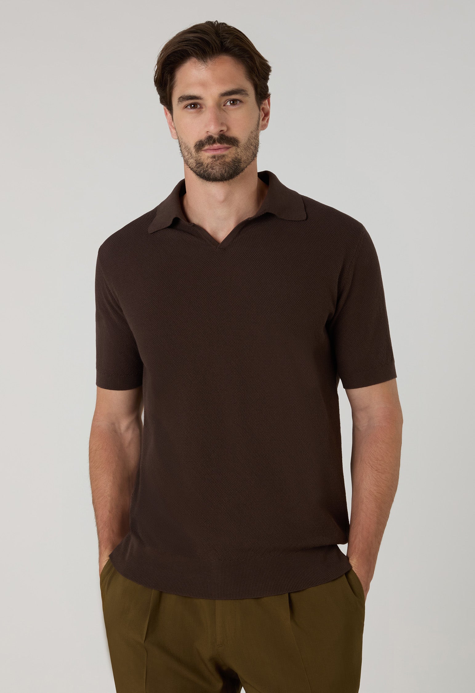 Brown Garment Dyed Cotton Piqué Short-Sleeve Polo