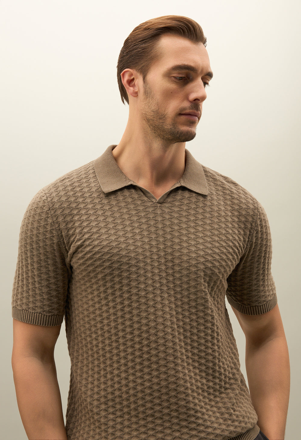 Khaki Jacquard Cotton Short-Sleeve Polo