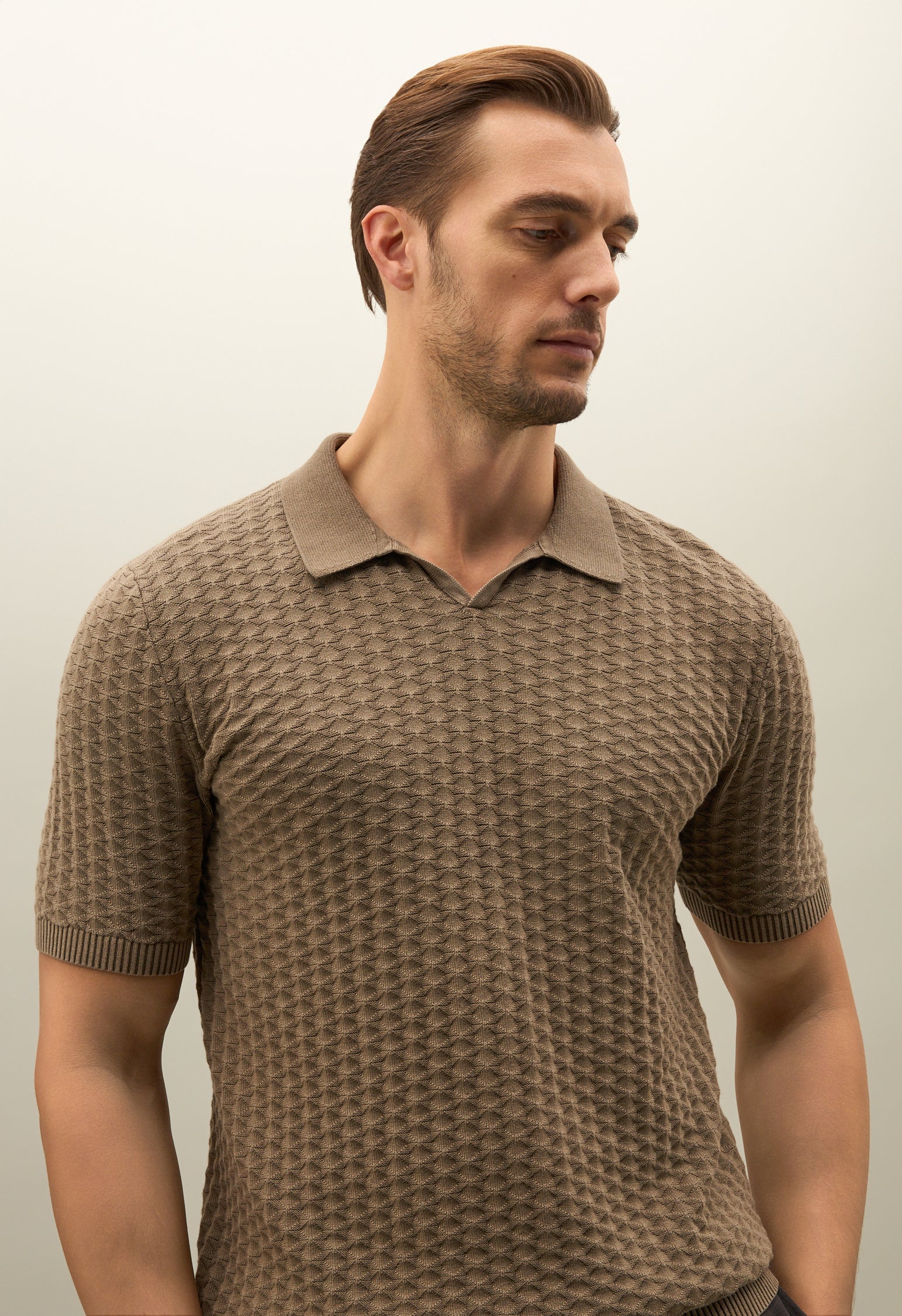 Khaki Jacquard Cotton Short-Sleeve Polo