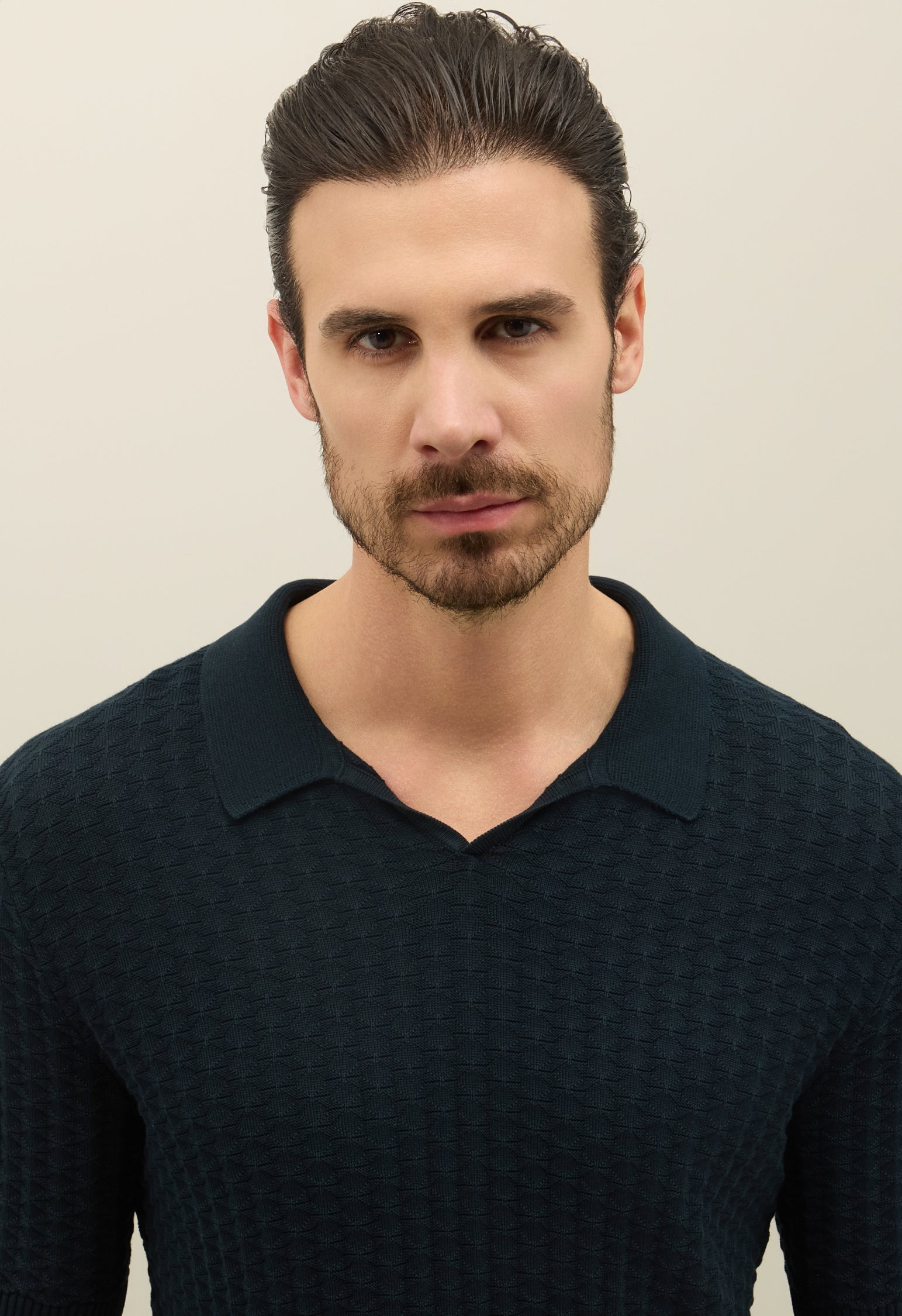 Blue Jacquard Cotton Short-Sleeve Polo
