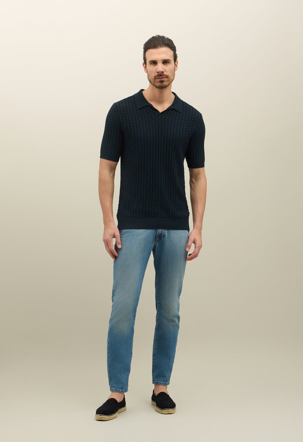 Blue Jacquard Cotton Short-Sleeve Polo