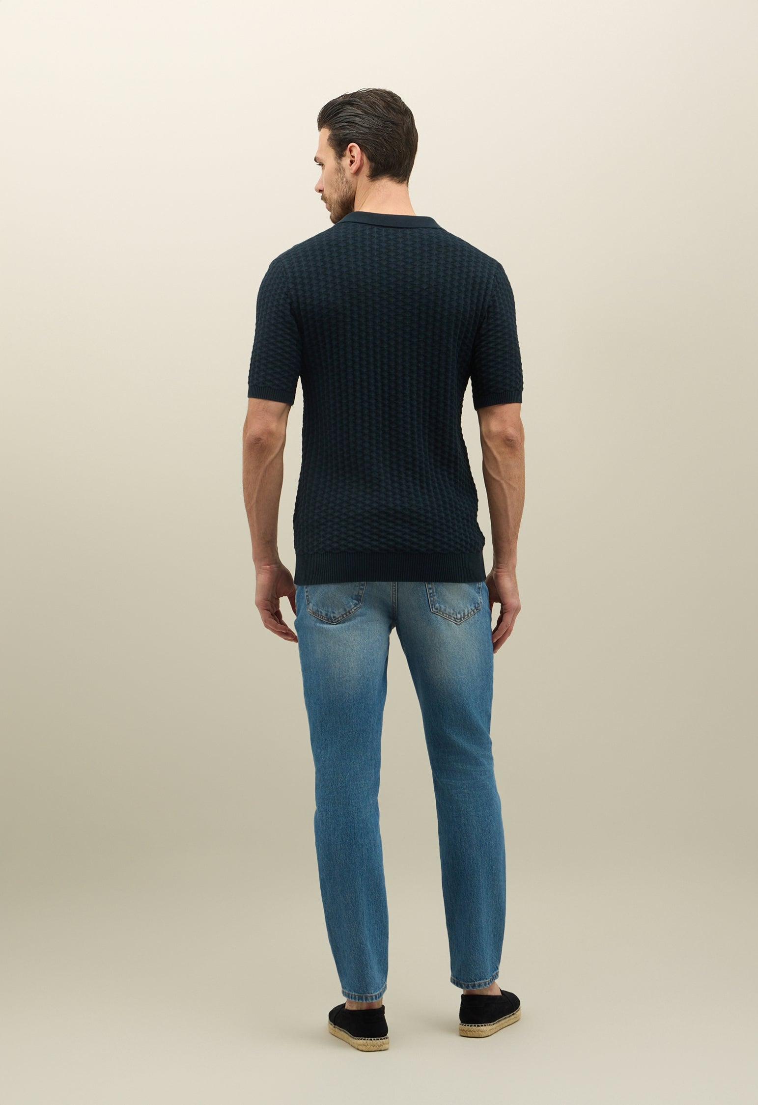 Blue Jacquard Cotton Short-Sleeve Polo
