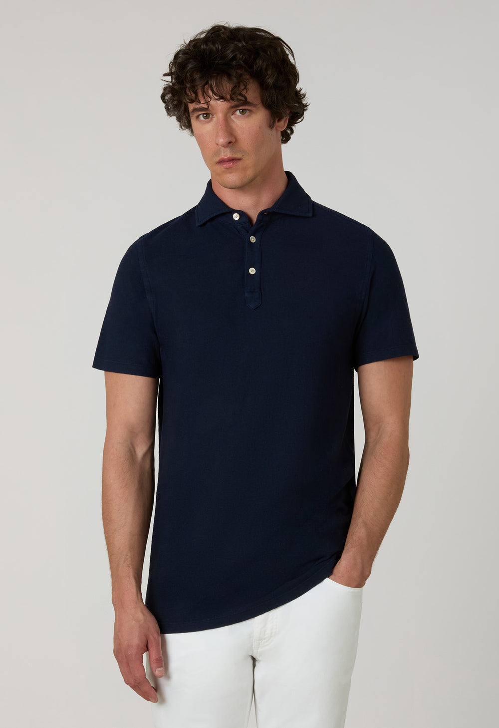 Blue Cotton Linen Short-Sleeve Polo