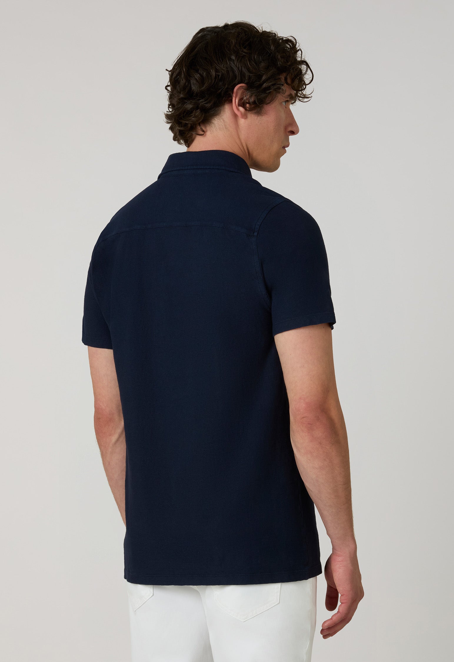 Blue Cotton Linen Short-Sleeve Polo