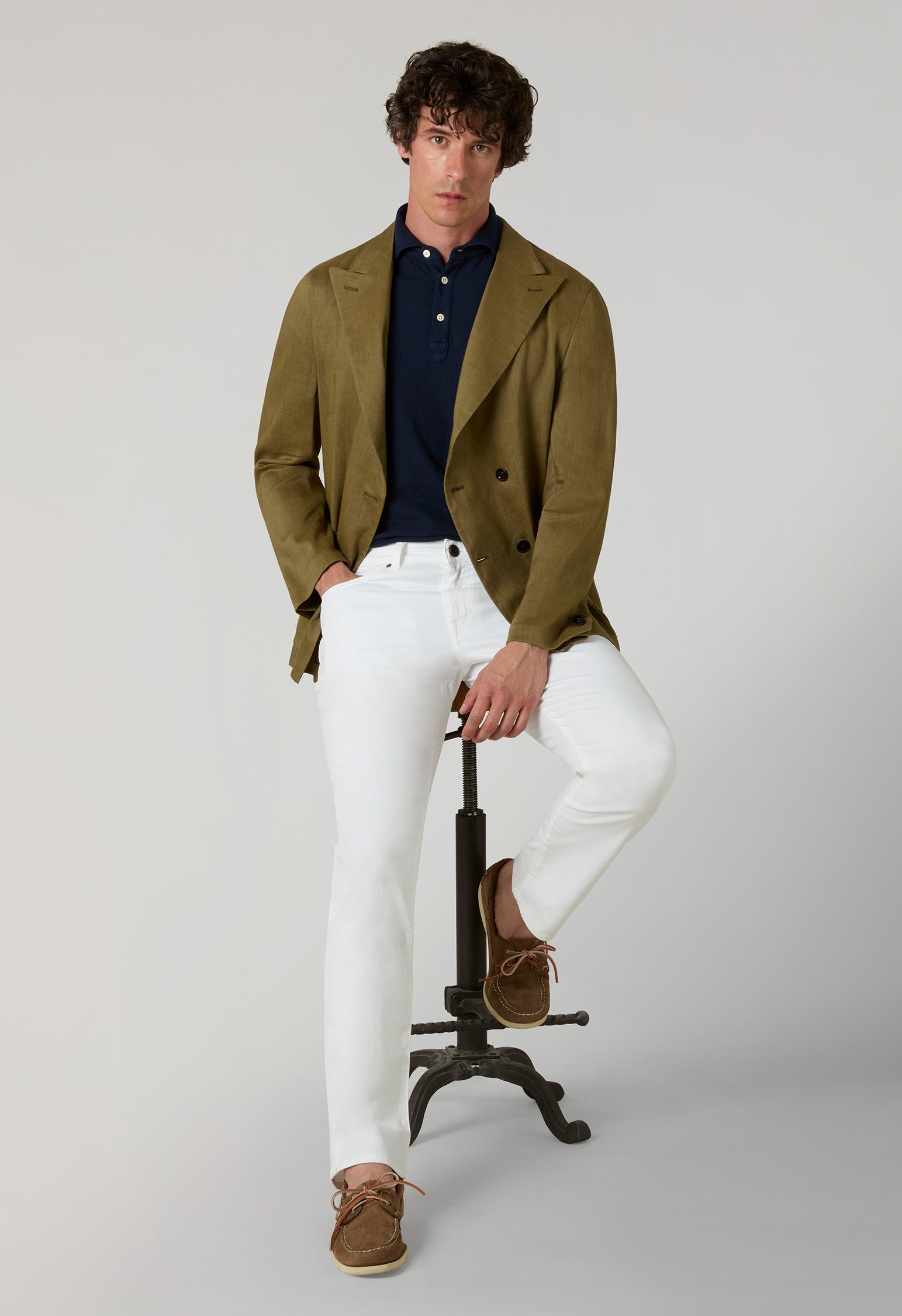 Blue Cotton Linen Short-Sleeve Polo