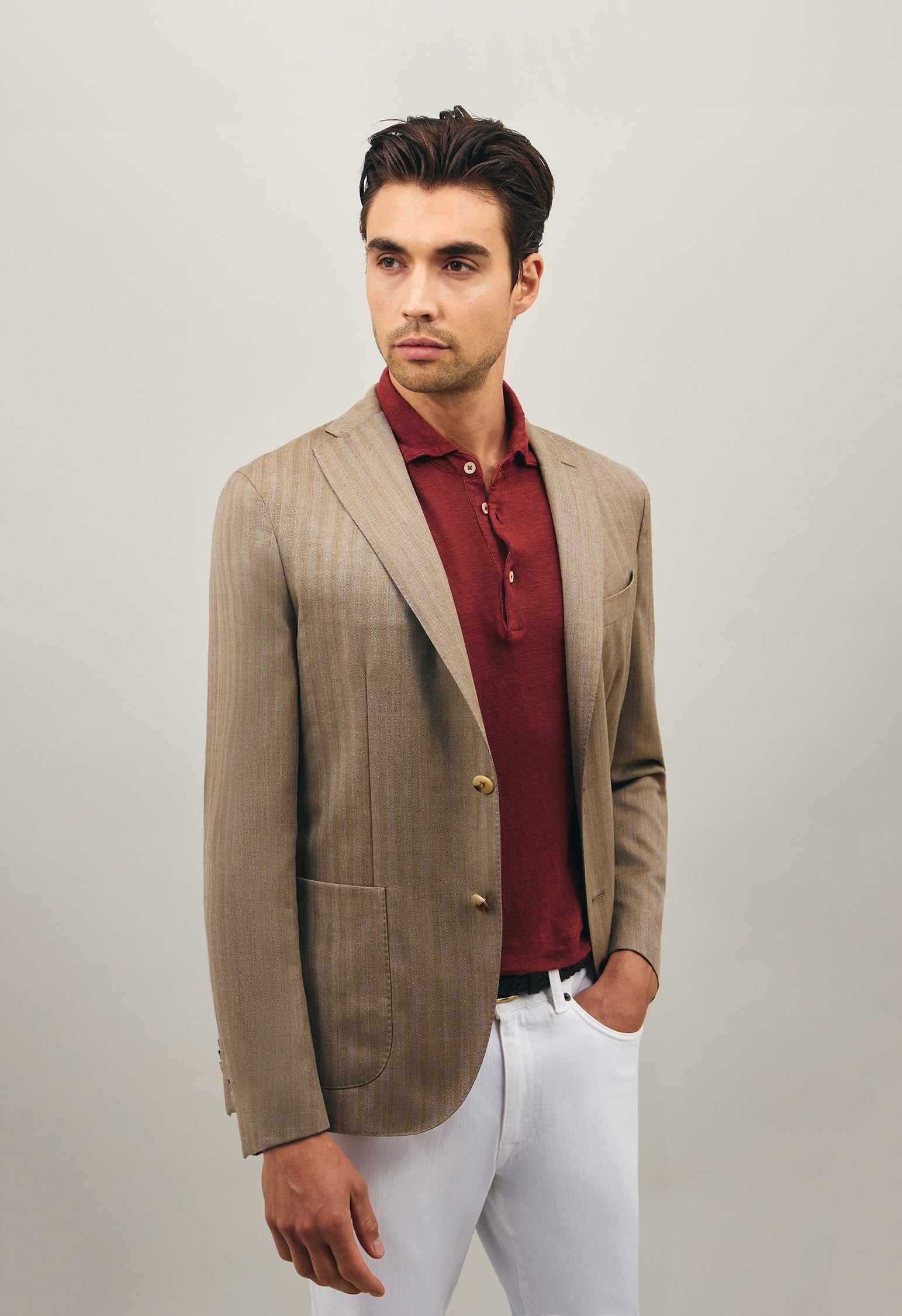 Beige Wool Silk chevron K-Jacket