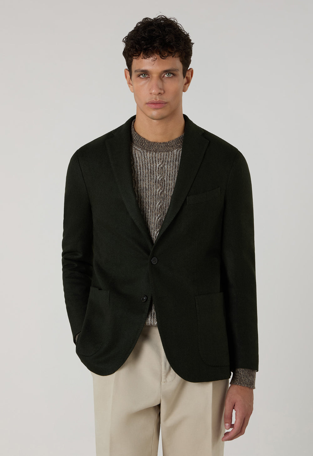 Dark Green Garment Dyed Wool Herringbone K-Jacket