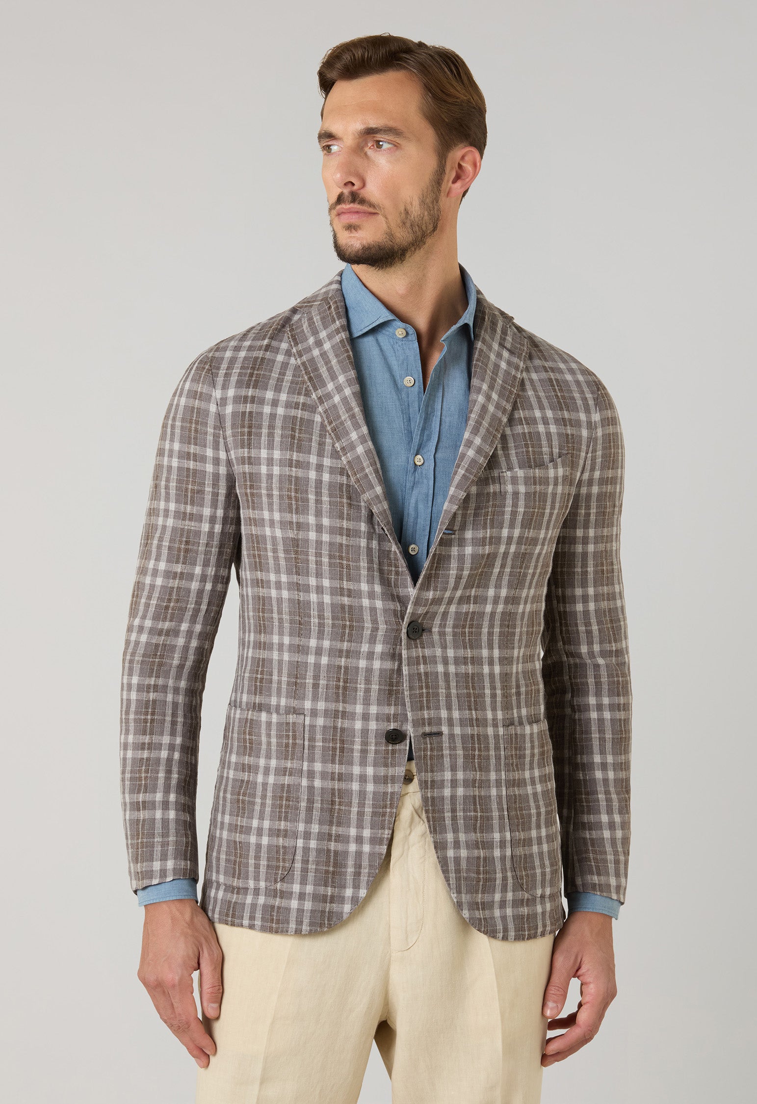 K-Jacket in lana lino e seta tartan marrone fantasia