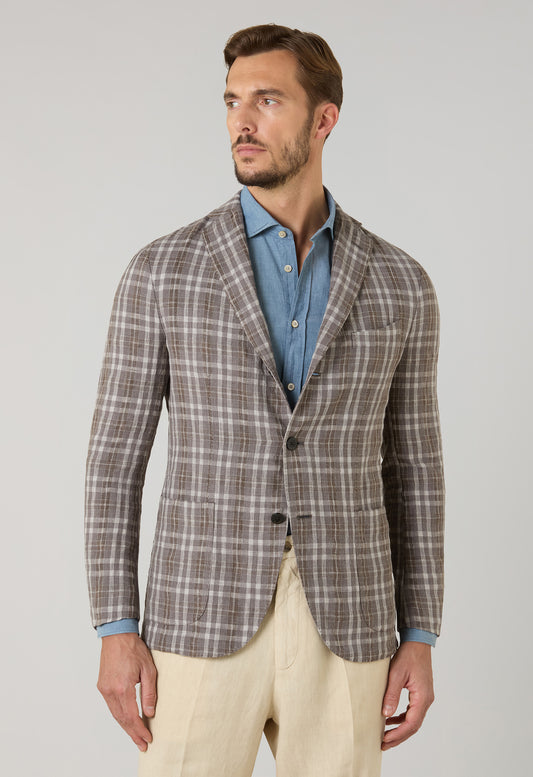 K-Jacket in lana lino e seta tartan marrone fantasia