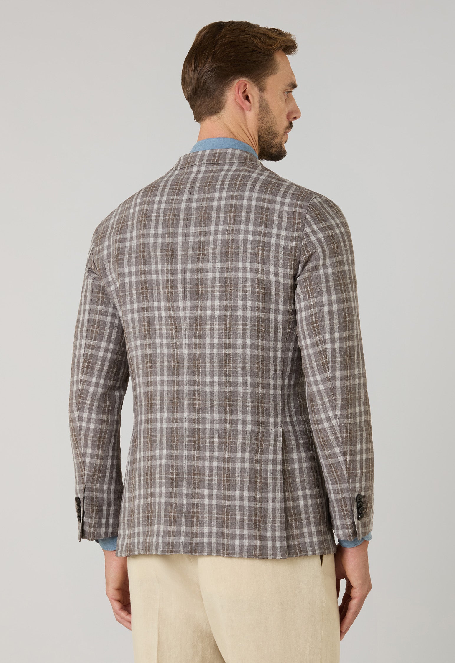K-Jacket in lana lino e seta tartan marrone fantasia