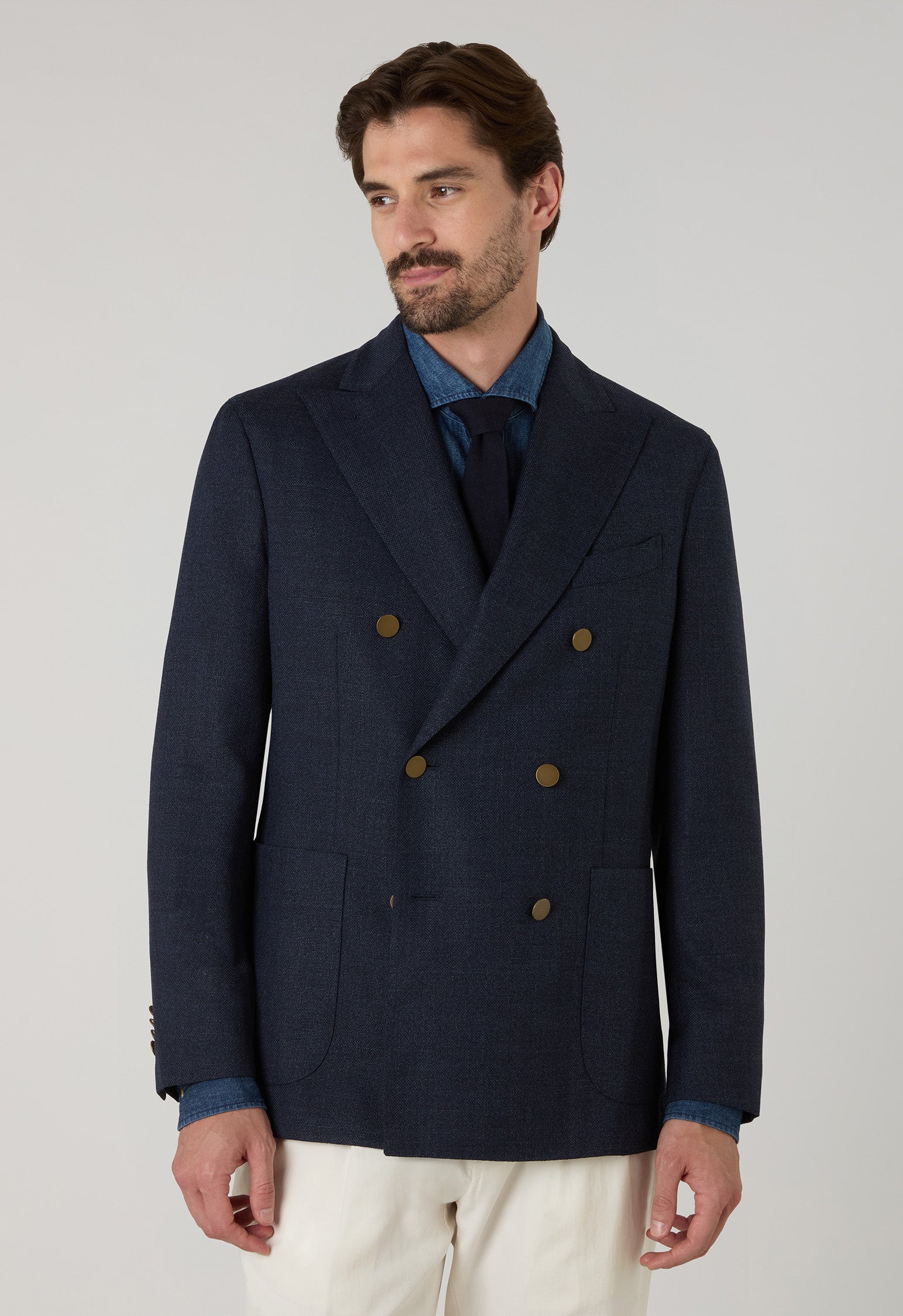 Blue Light Wool Honeycomb Double-Breasted K-Jacket with Brass Buttons