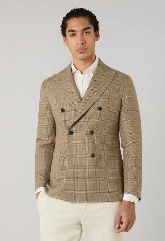 Weizenfarbe gemusterte zweireihige K-Jacket aus Prince-of-Wales-Leinen