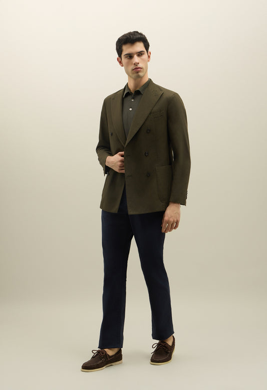 Dunkelgrüne doppelreihige K-Jacket aus Baumwoll-Leinen-Twill