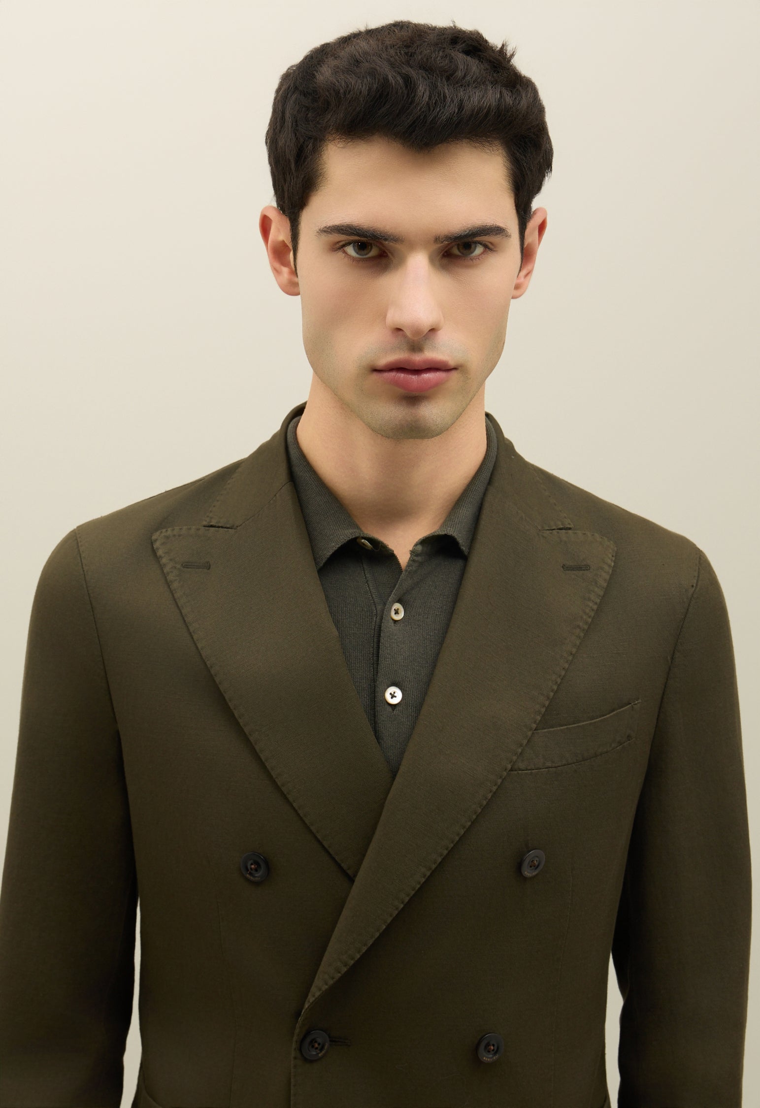 Dark Green Cotton Linen Twill Double-Breasted K-Jacket